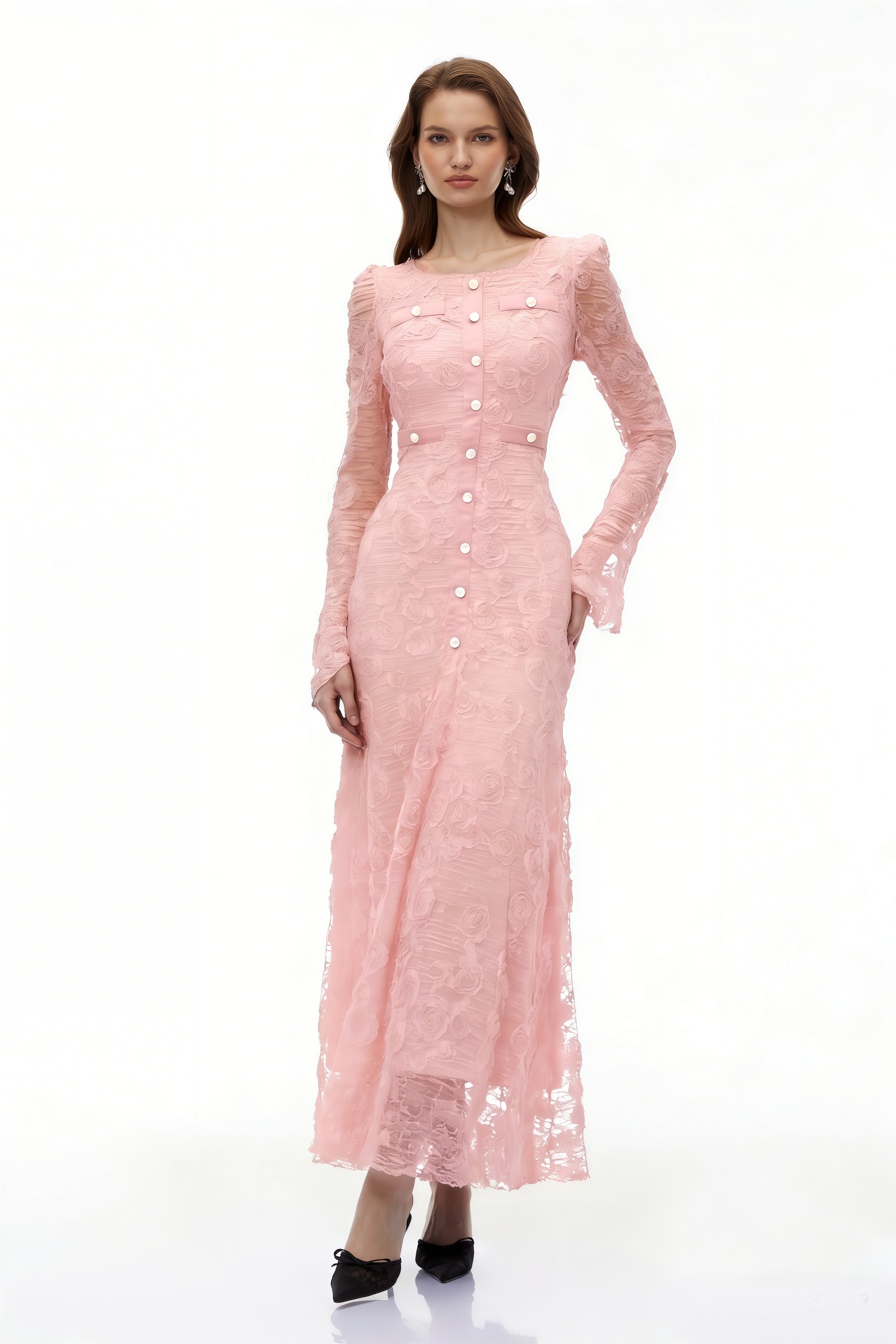 Maxikleid aus bestickter Spitze mit 3D-Blumenmuster von Branwen Pink