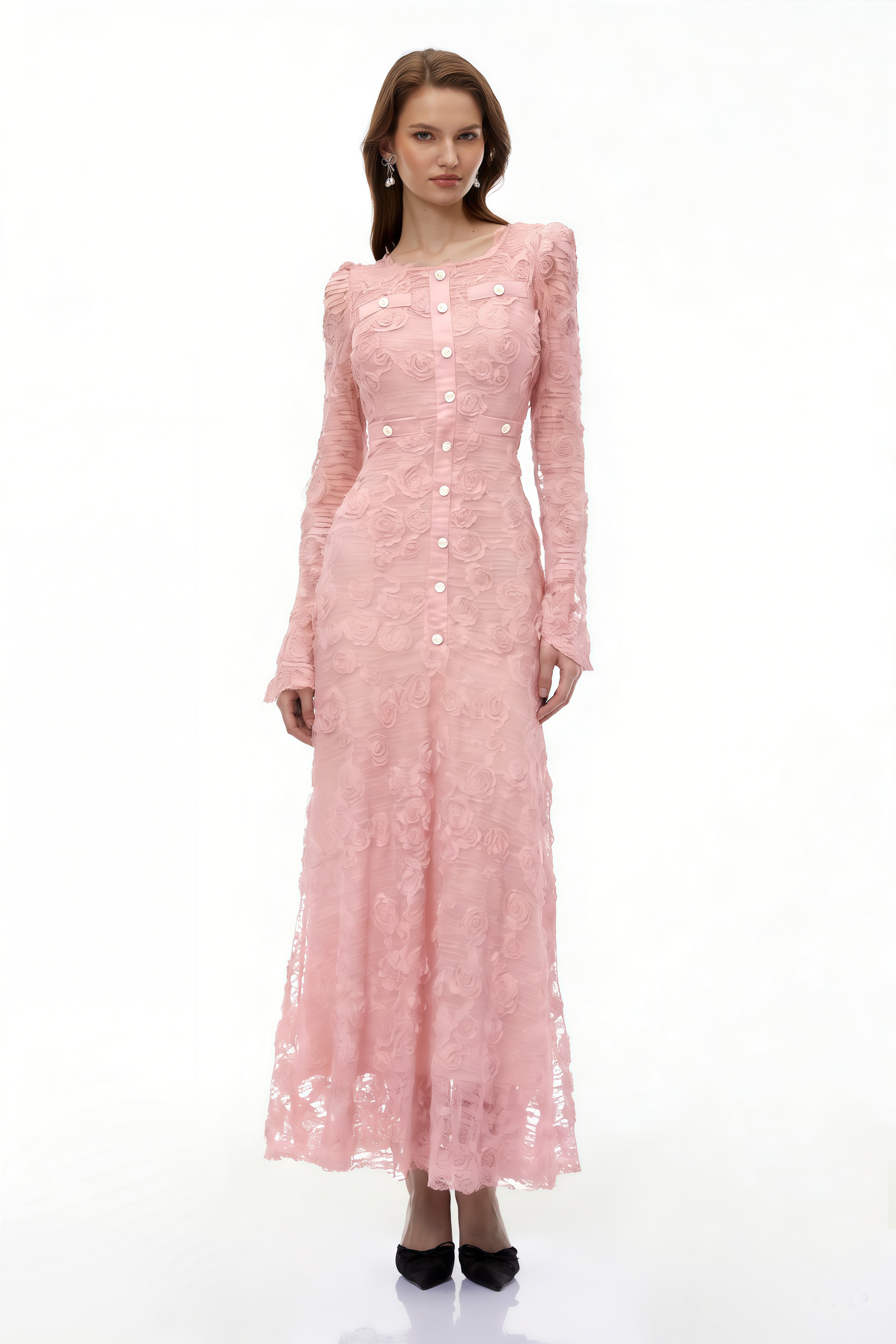 Maxikleid aus bestickter Spitze mit 3D-Blumenmuster von Branwen Pink