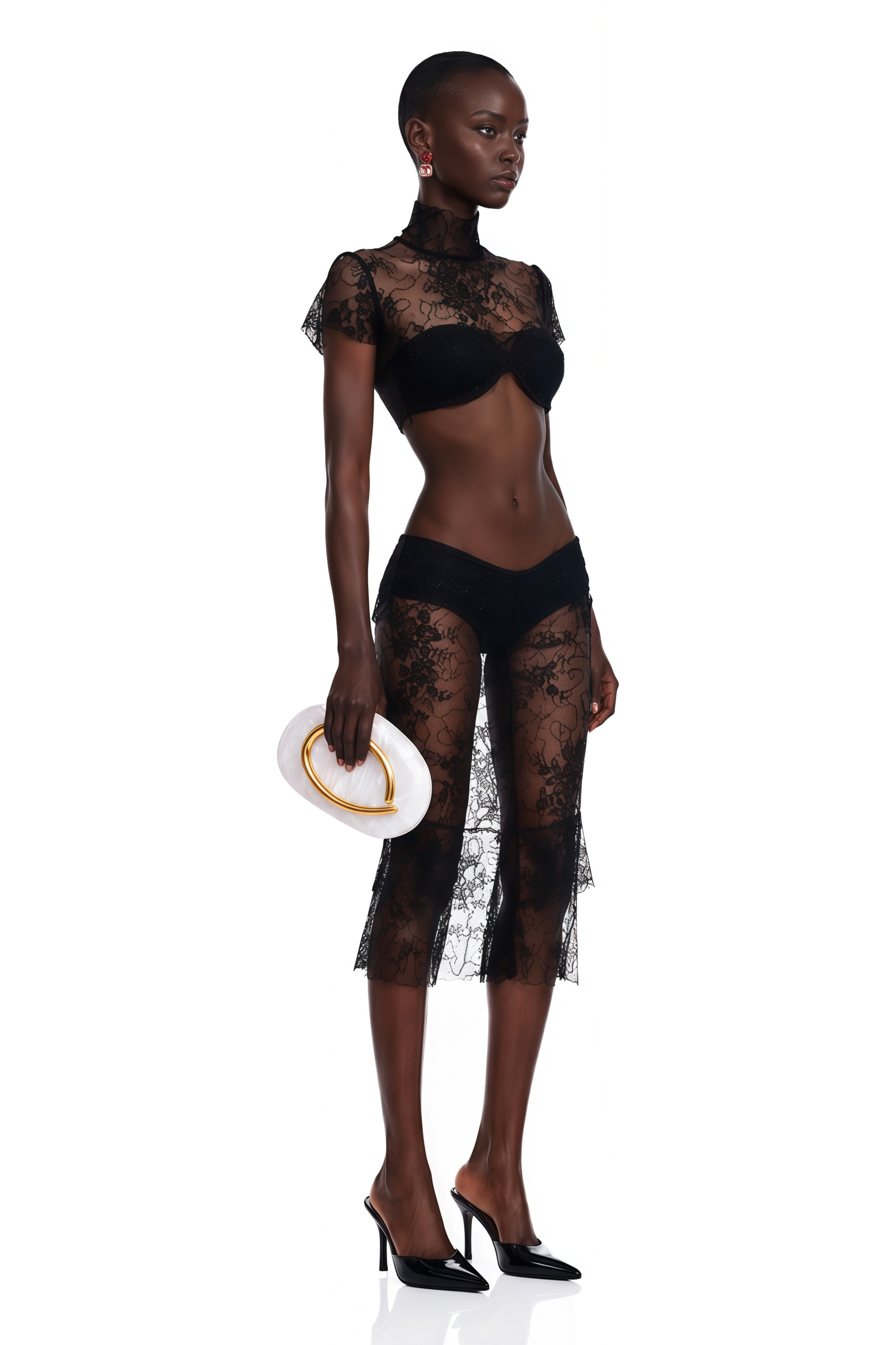Bree Black Turtleneck Lace Top & Skirt Set