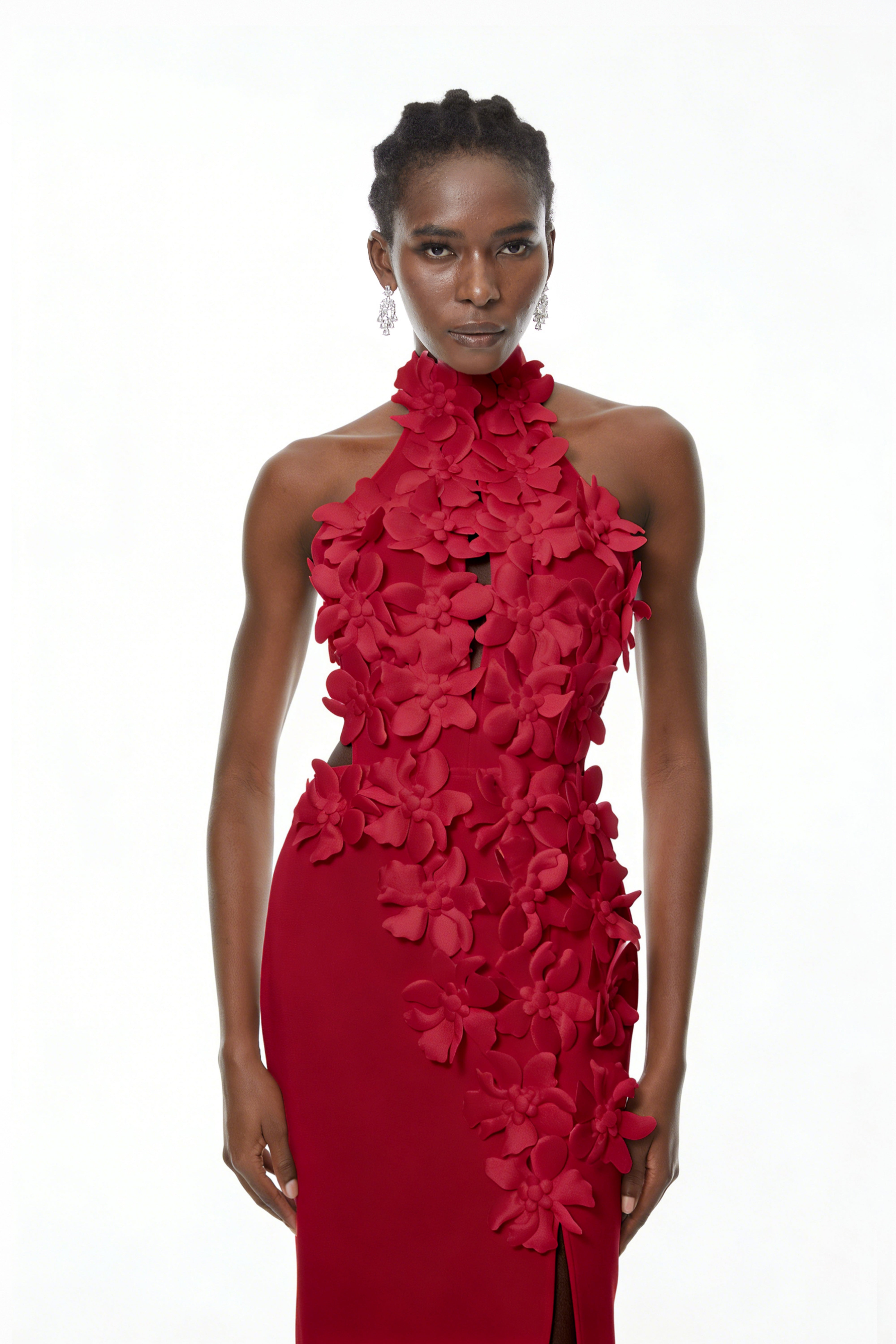 Brian Red Halterneck 3D Petal Maxi Dress