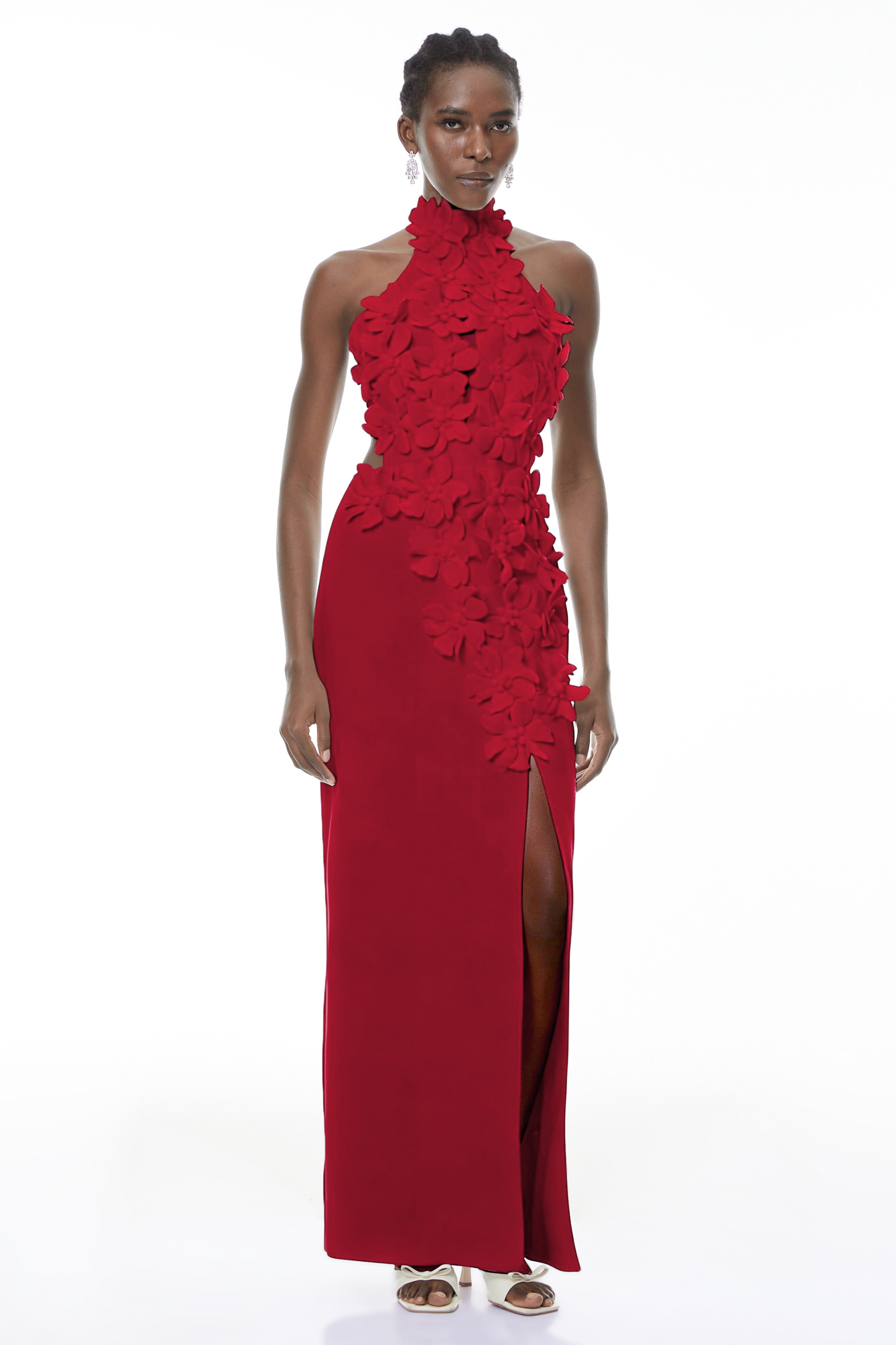 Brian Red Halterneck 3D Petal Maxi Dress