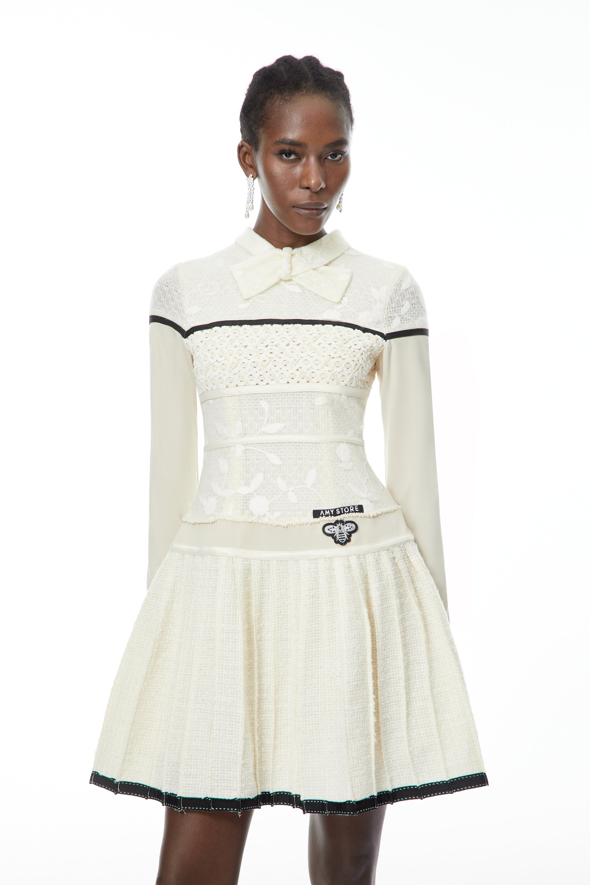 Bridget White Pleated Mini Dress with Bow-Tie