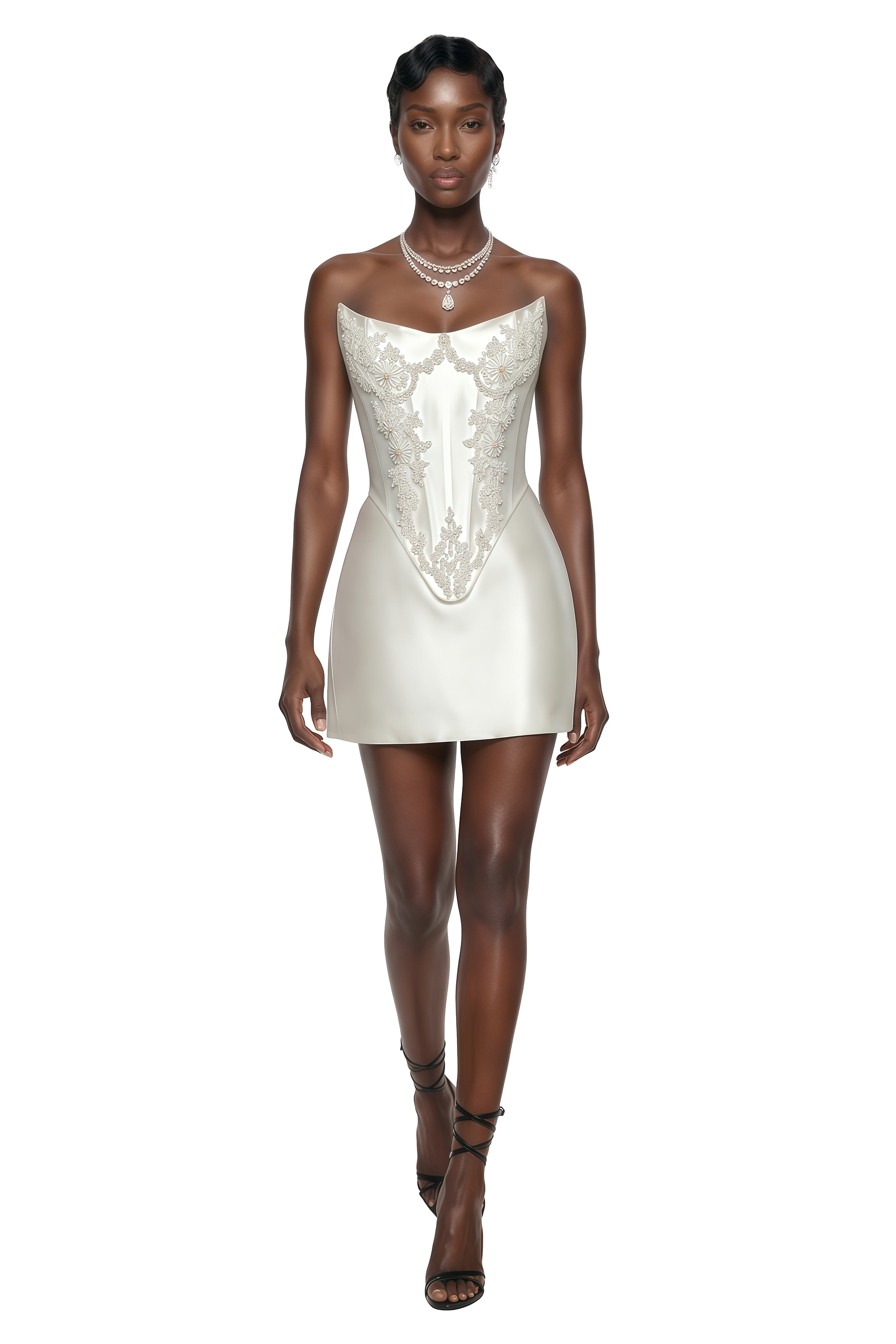 Brigitte White Sleeveless Rhinestone Top & Skirt Set