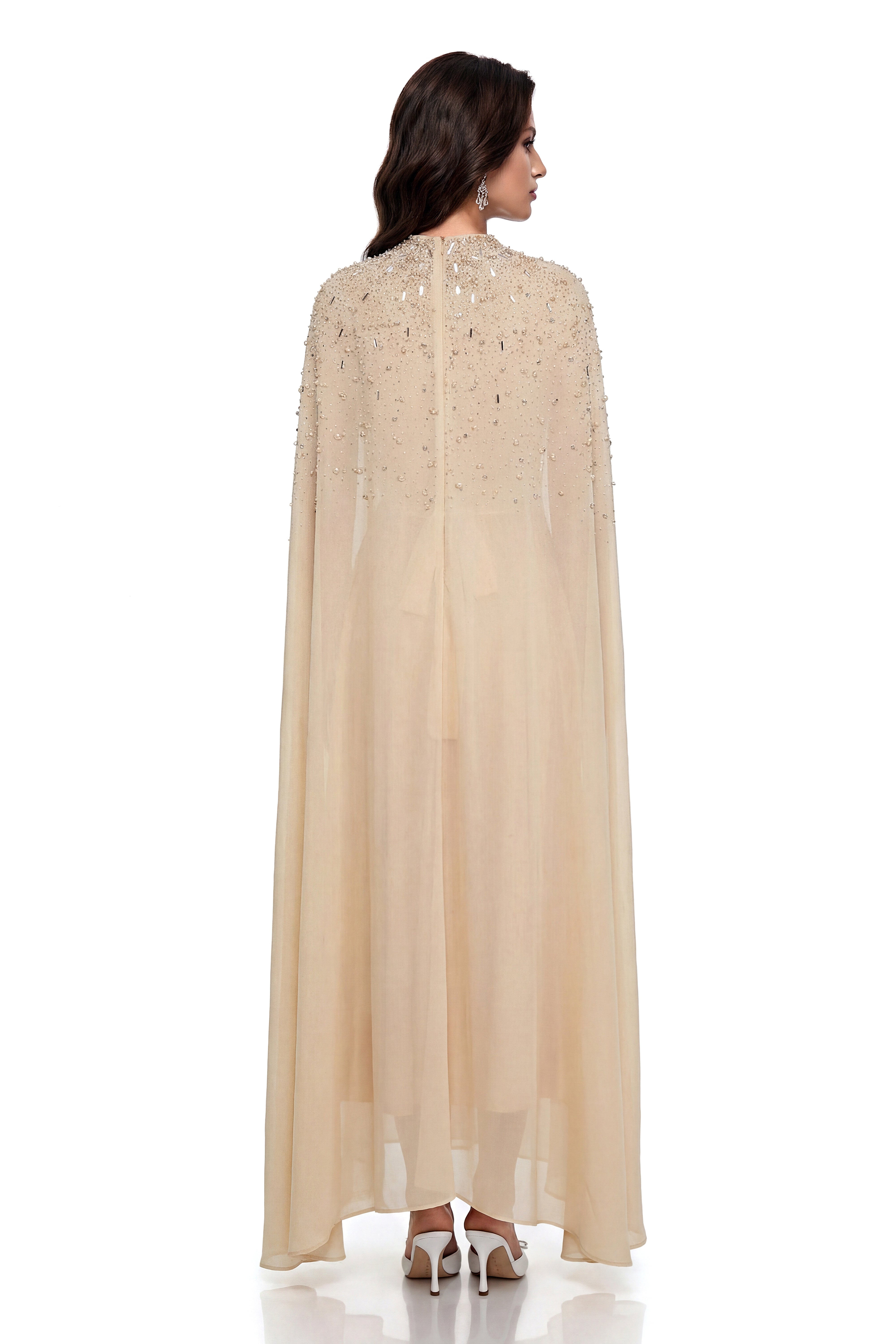Briseis Champagne Rhinestone Beaded Cape Maxi Dress