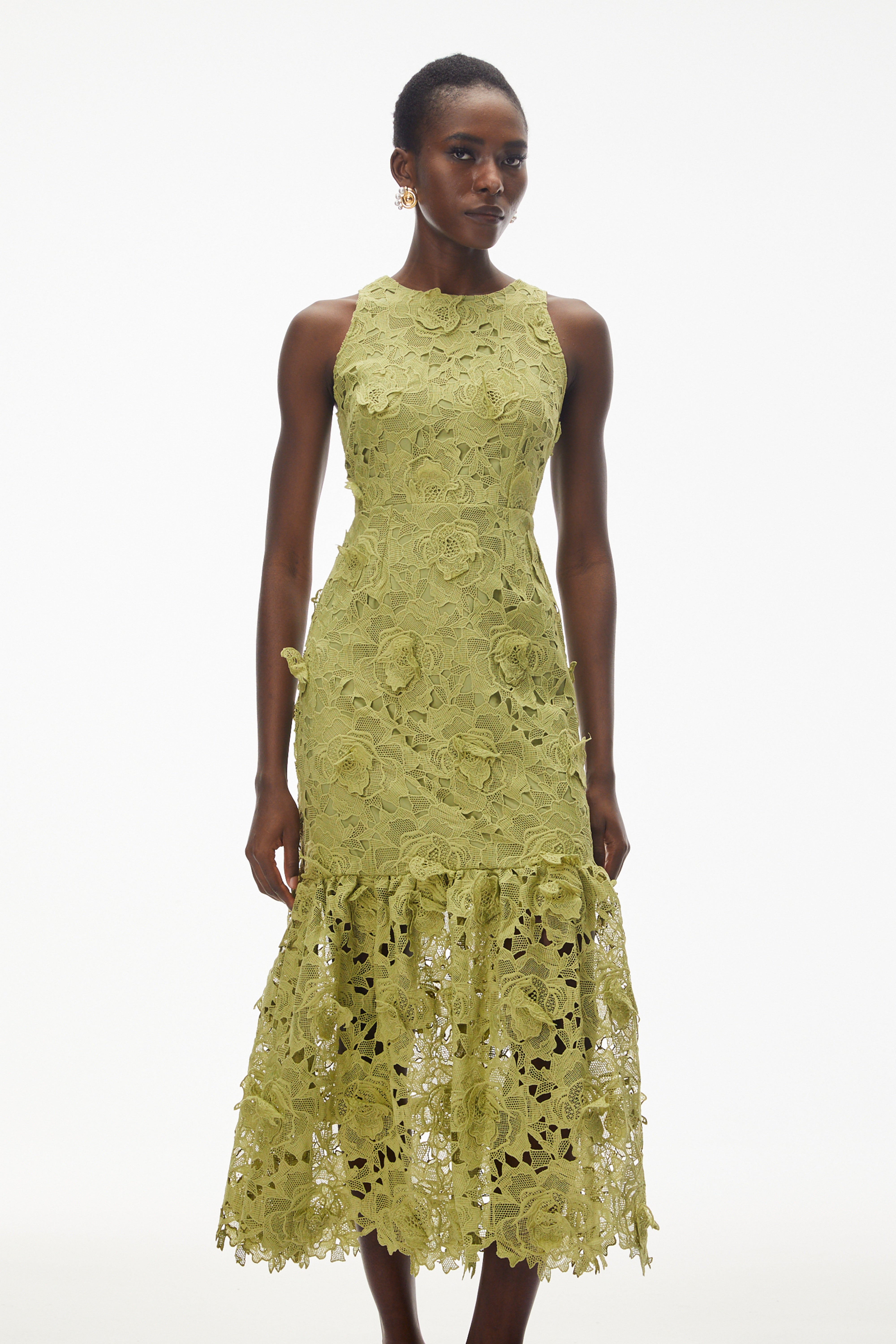 Robe midi Briseis vert olive à motifs floraux en 3D