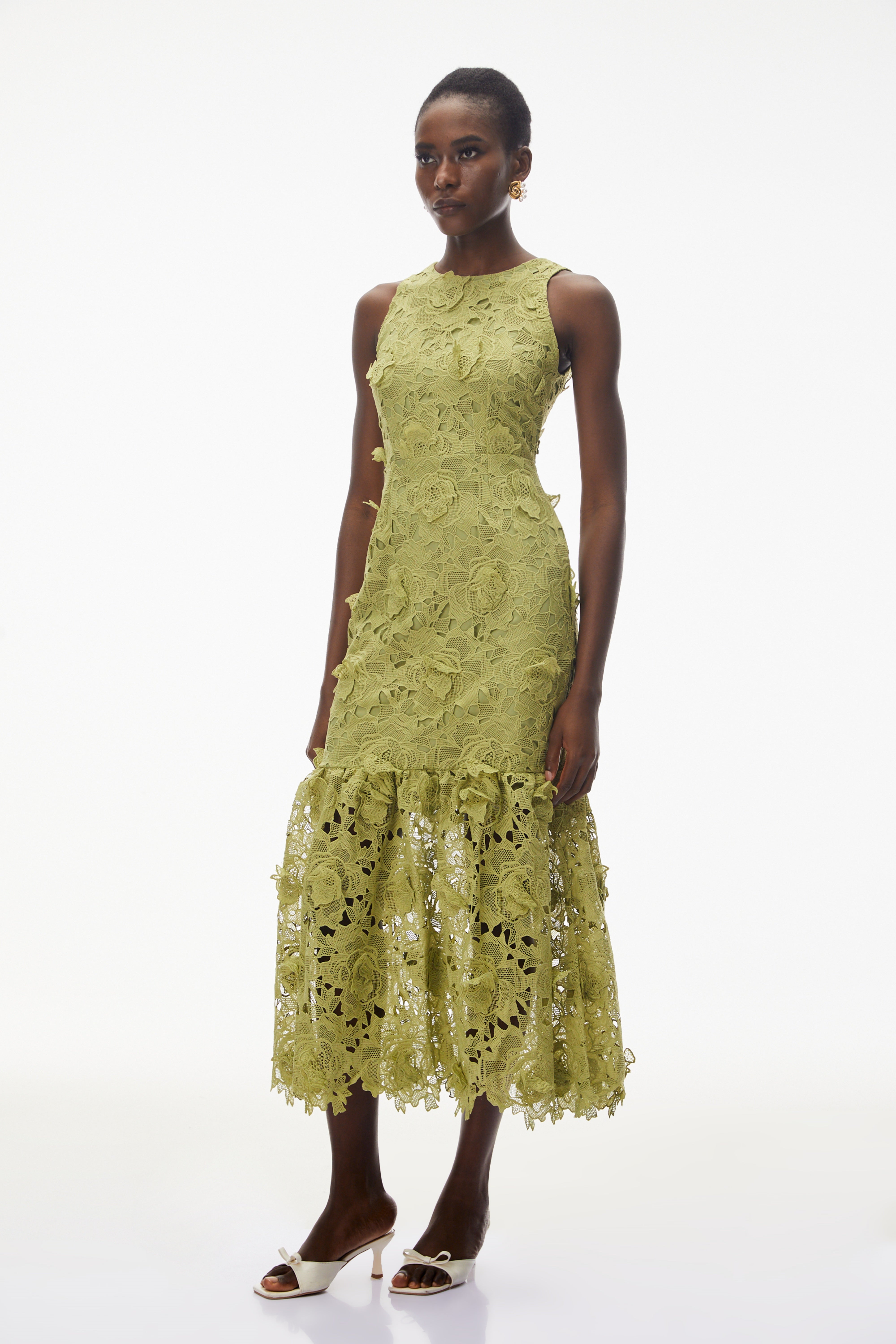 Robe midi Briseis vert olive à motifs floraux en 3D