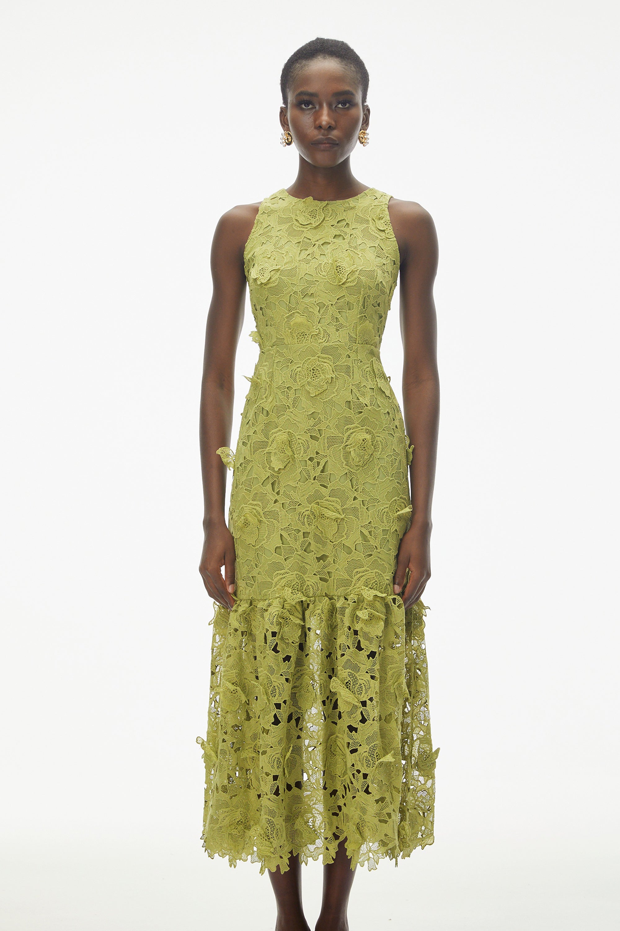 Briseis Midi-Kleid in Olivgrün mit 3D-Blumenmuster