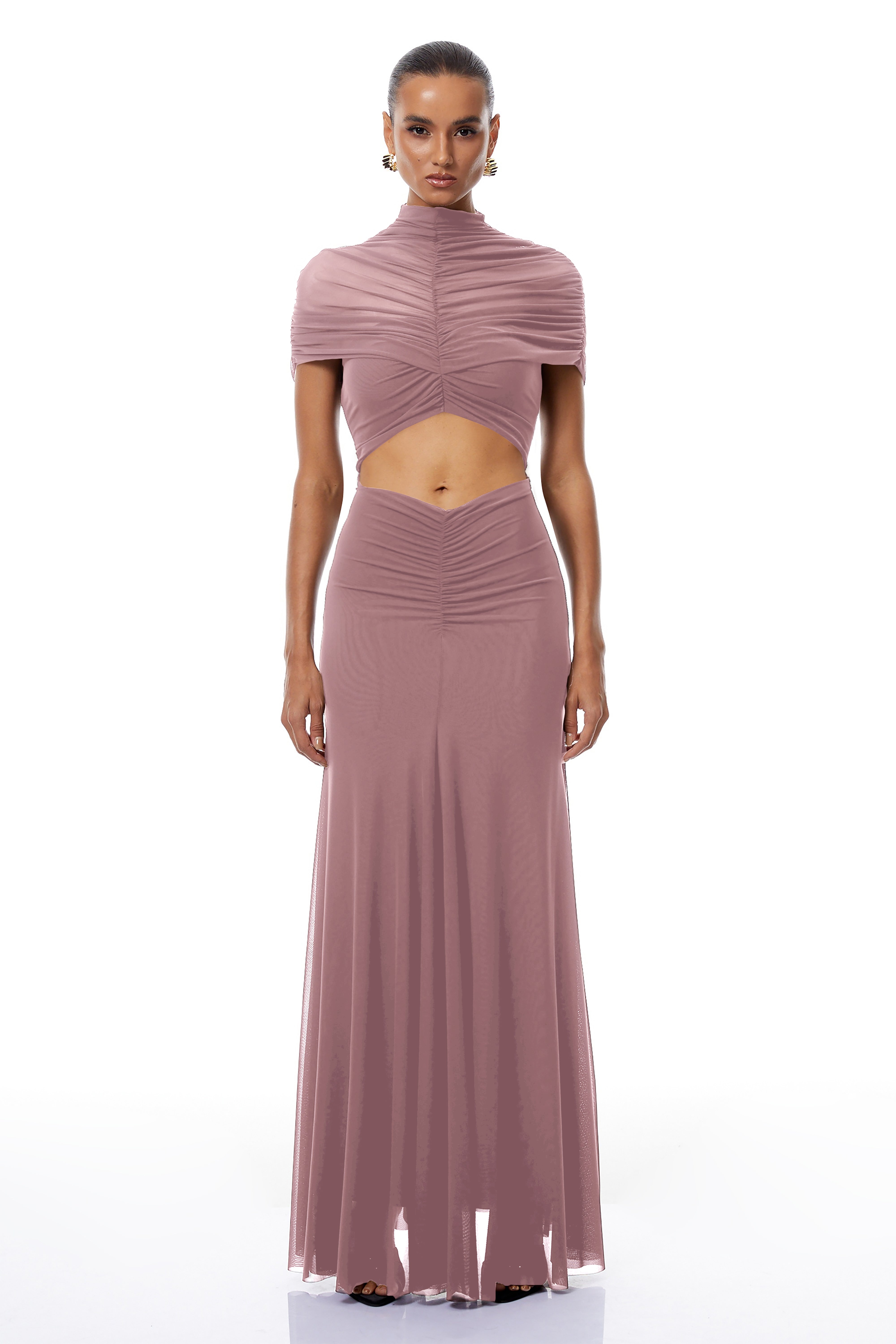 Bruna Purple Cut-Out Ruched Mesh Maxi Dress