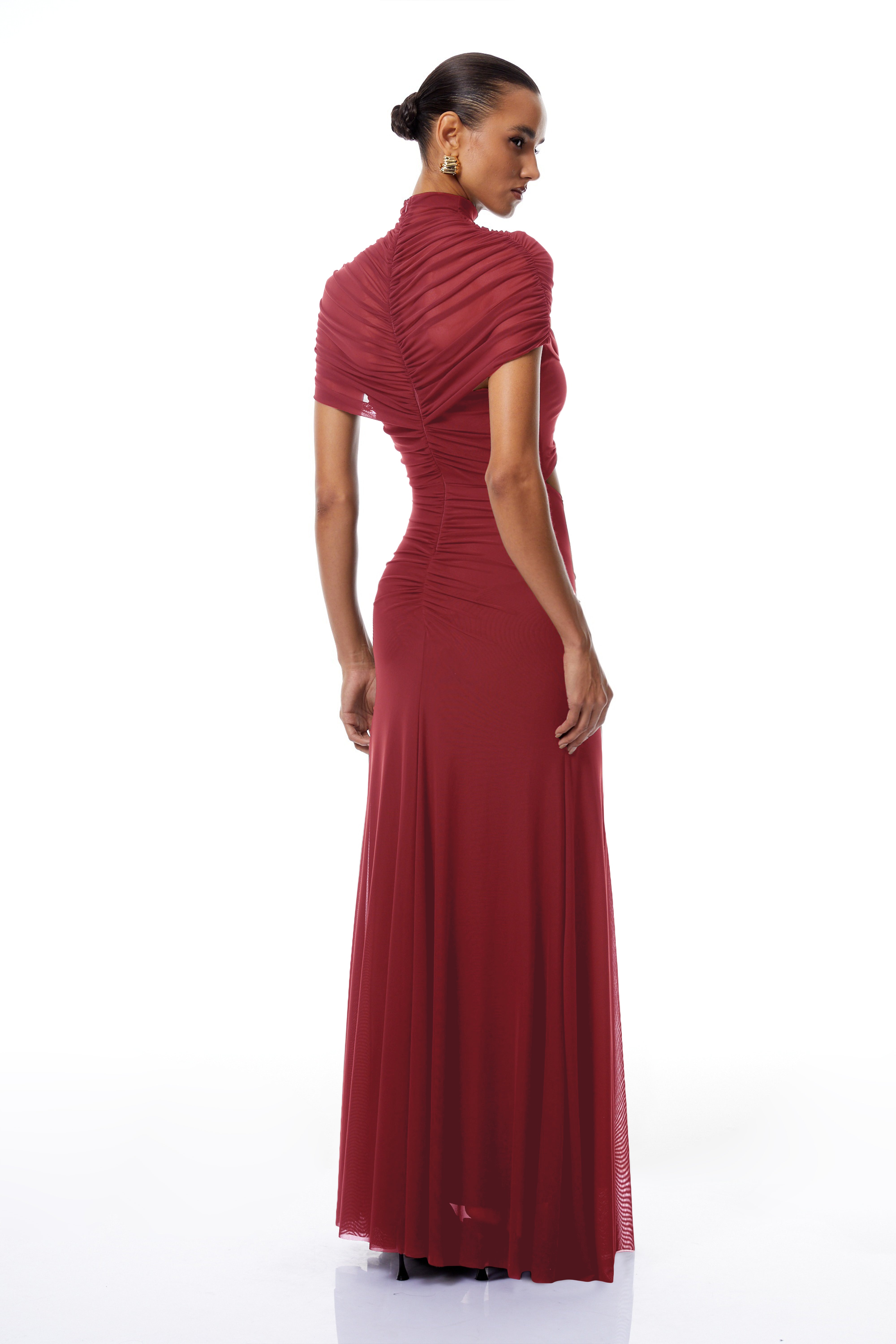 Bruna Red Cut-Out Ruched Mesh Maxi Dress