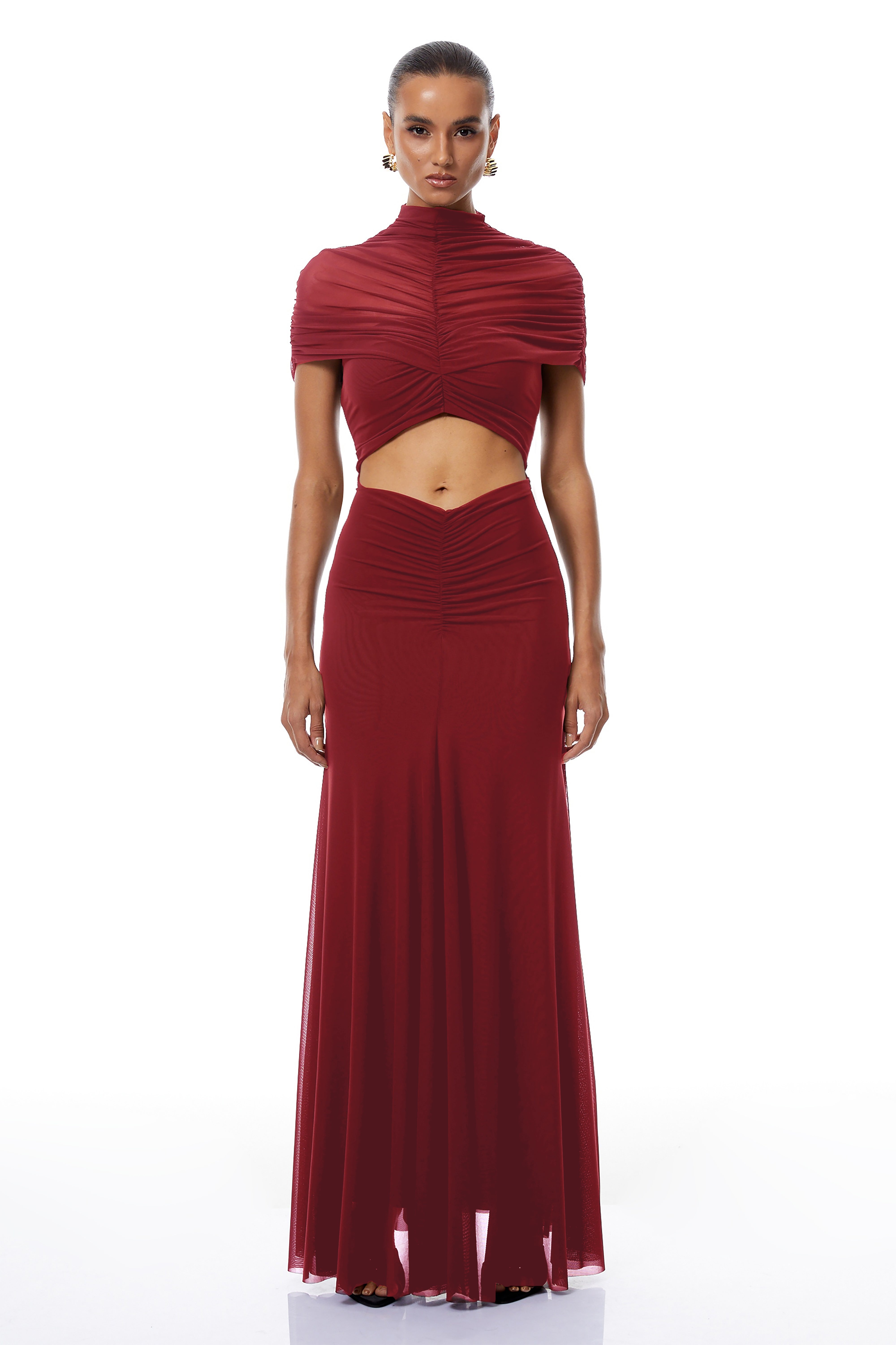 Bruna Red Cut-Out Ruched Mesh Maxi Dress