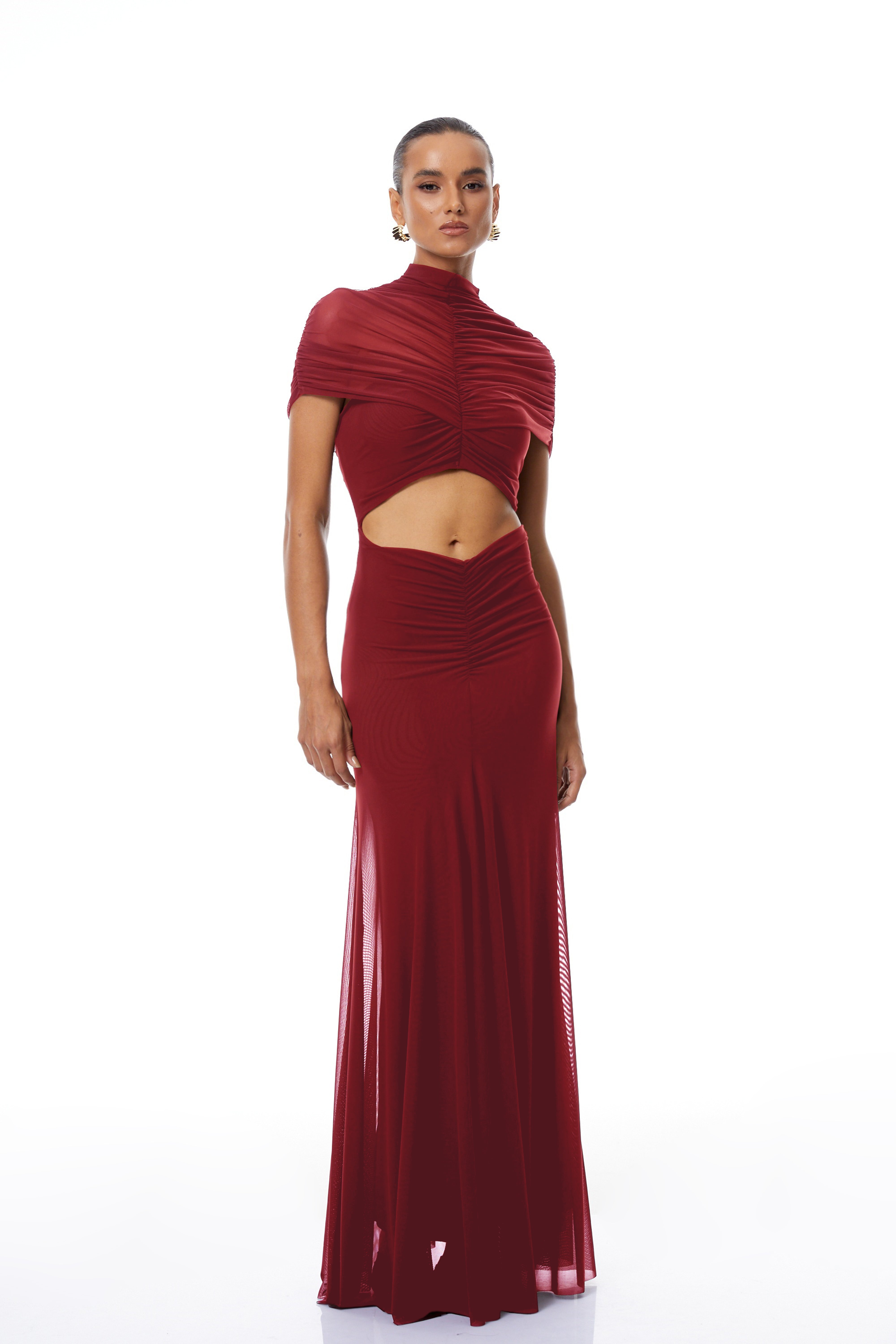 Bruna Red Cut-Out Ruched Mesh Maxi Dress