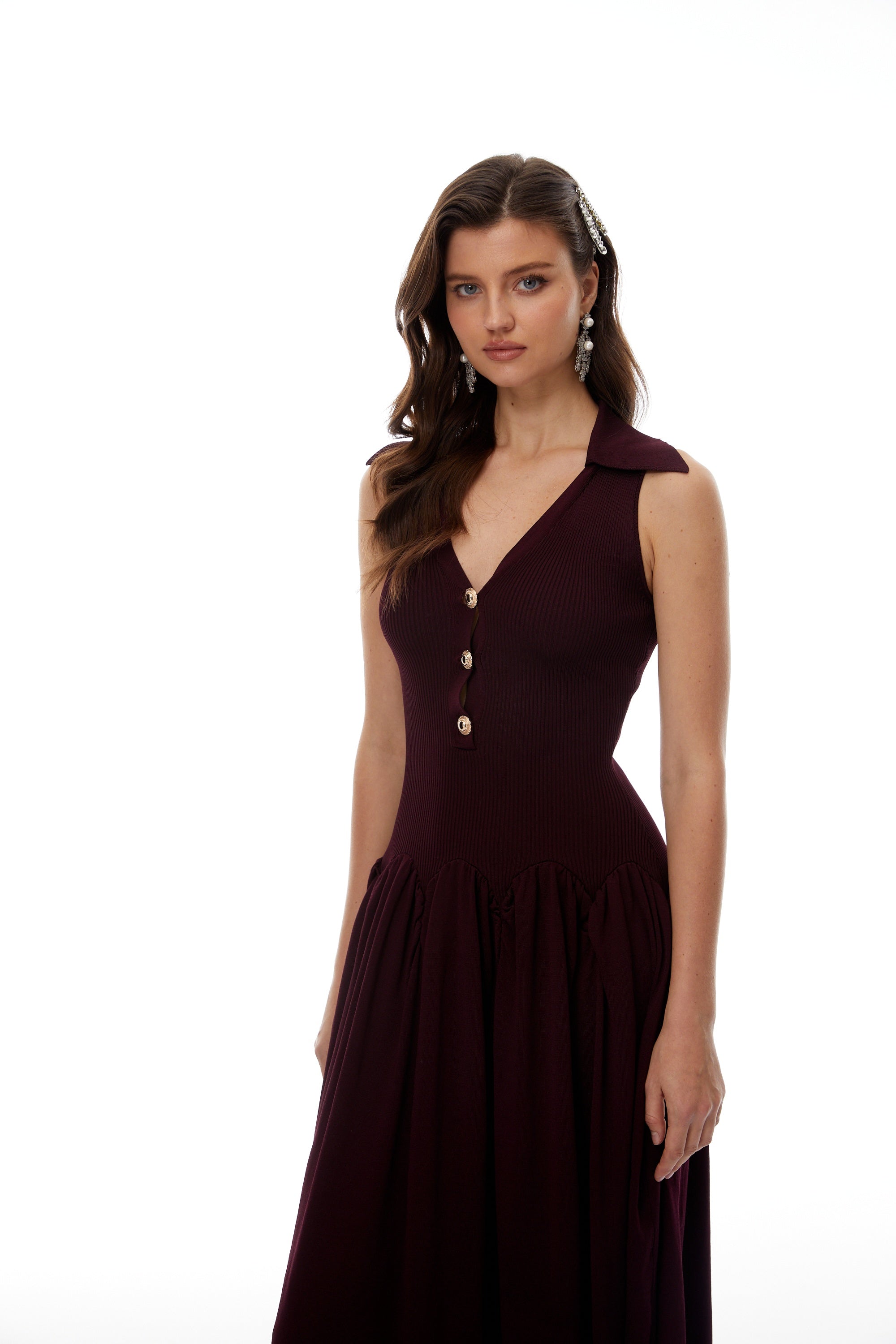 Brynhildur Burgundy Sleeveless Knit Maxi Dress