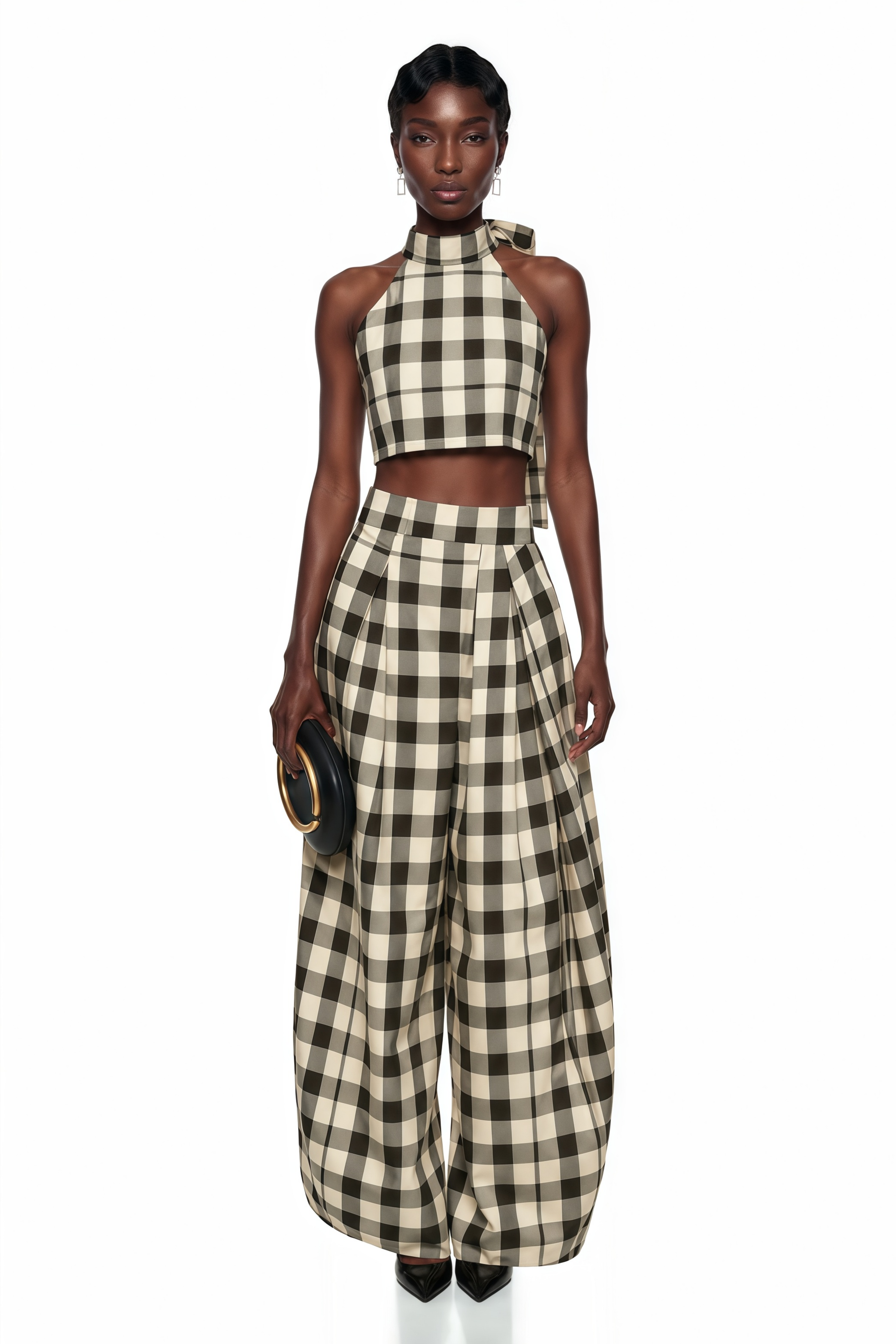 Buket Brown Plaid Top & Barrel Leg Trouser Set