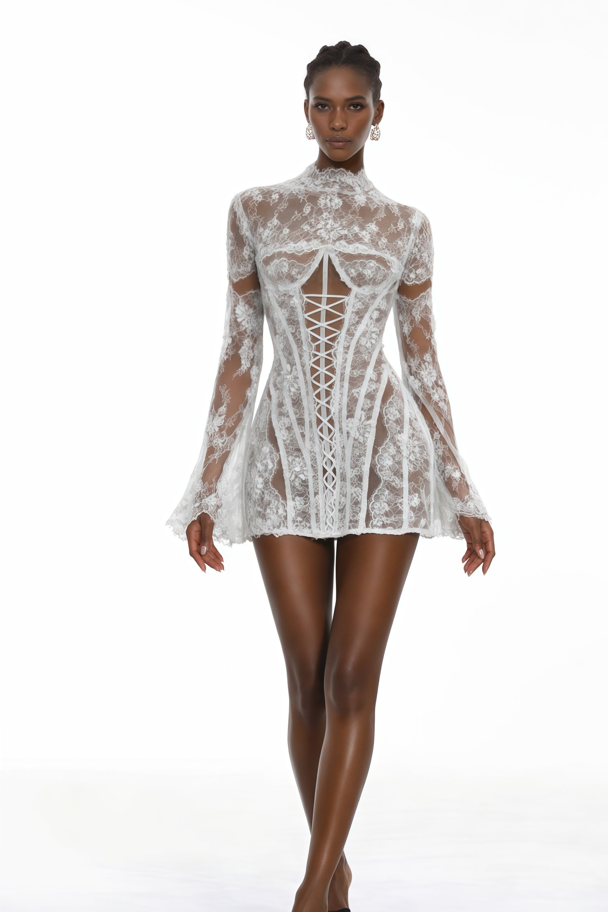Bulelwa White Semi-Sheer Floral Lace Mini Dress