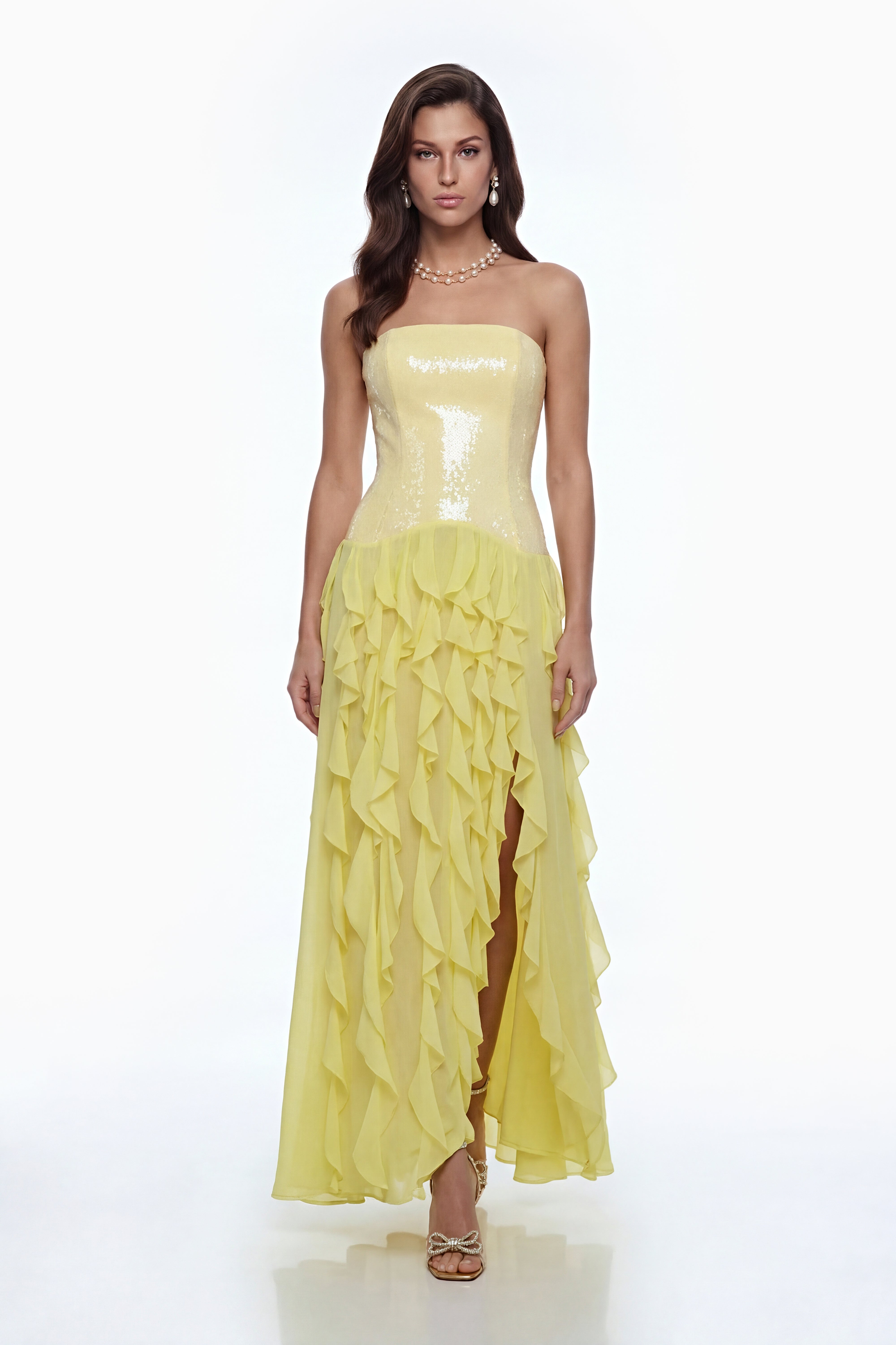 Caelia Gelbes Maxikleid mit Schulterausschnitt und Schlitz