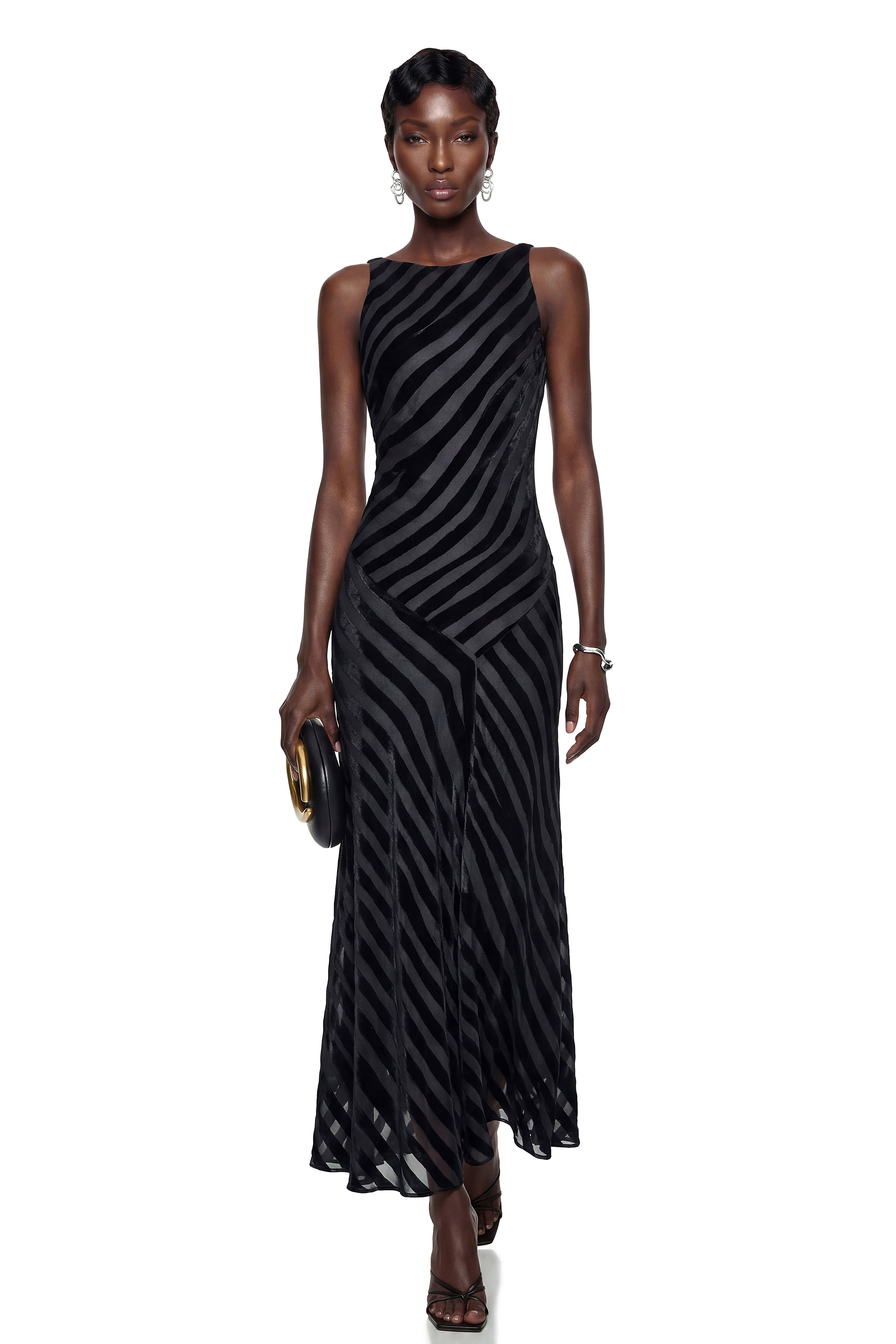 Cailleach Black Silk Asymmetrical Striped Midi Dress