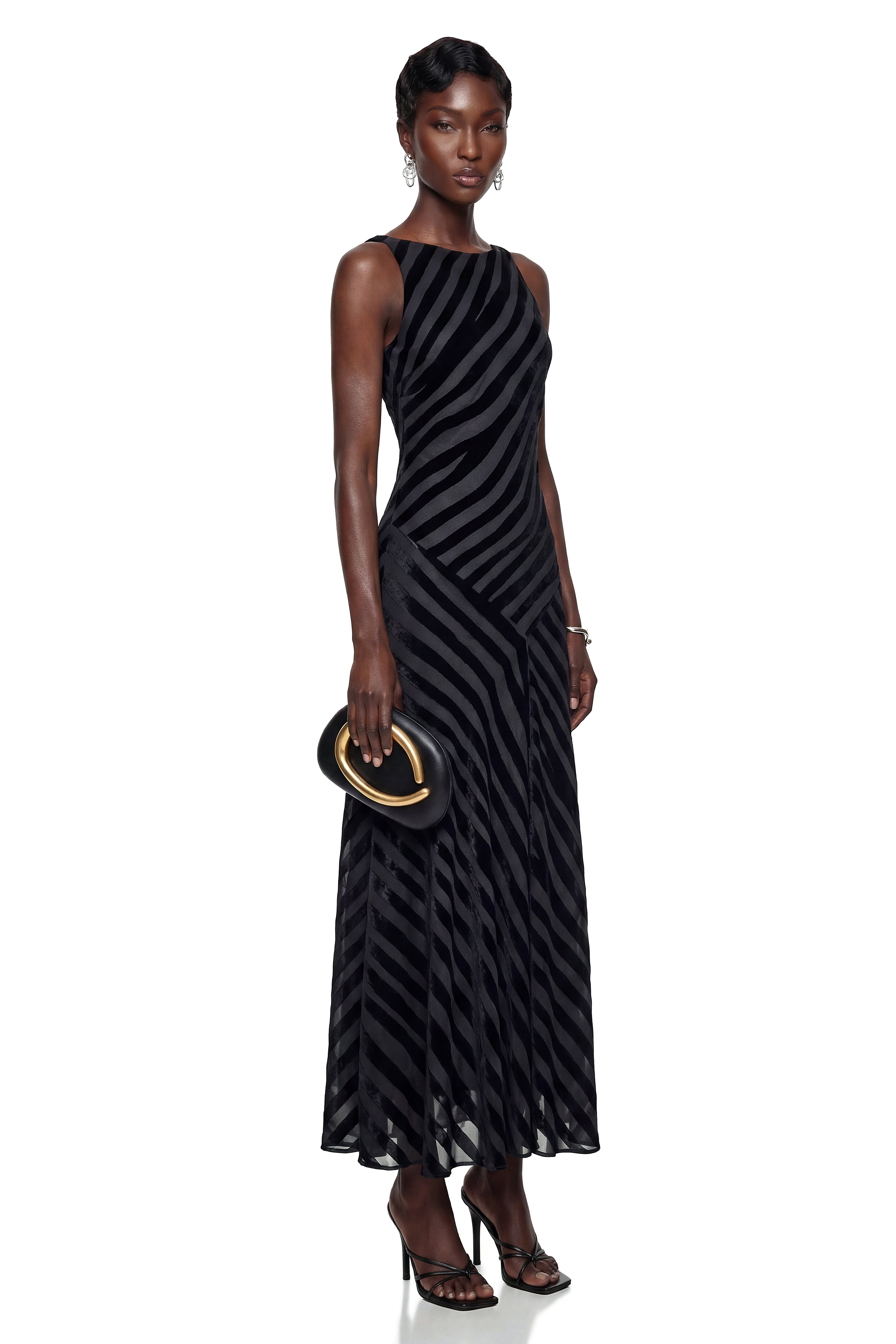 Cailleach Black Silk Asymmetrical Striped Midi Dress