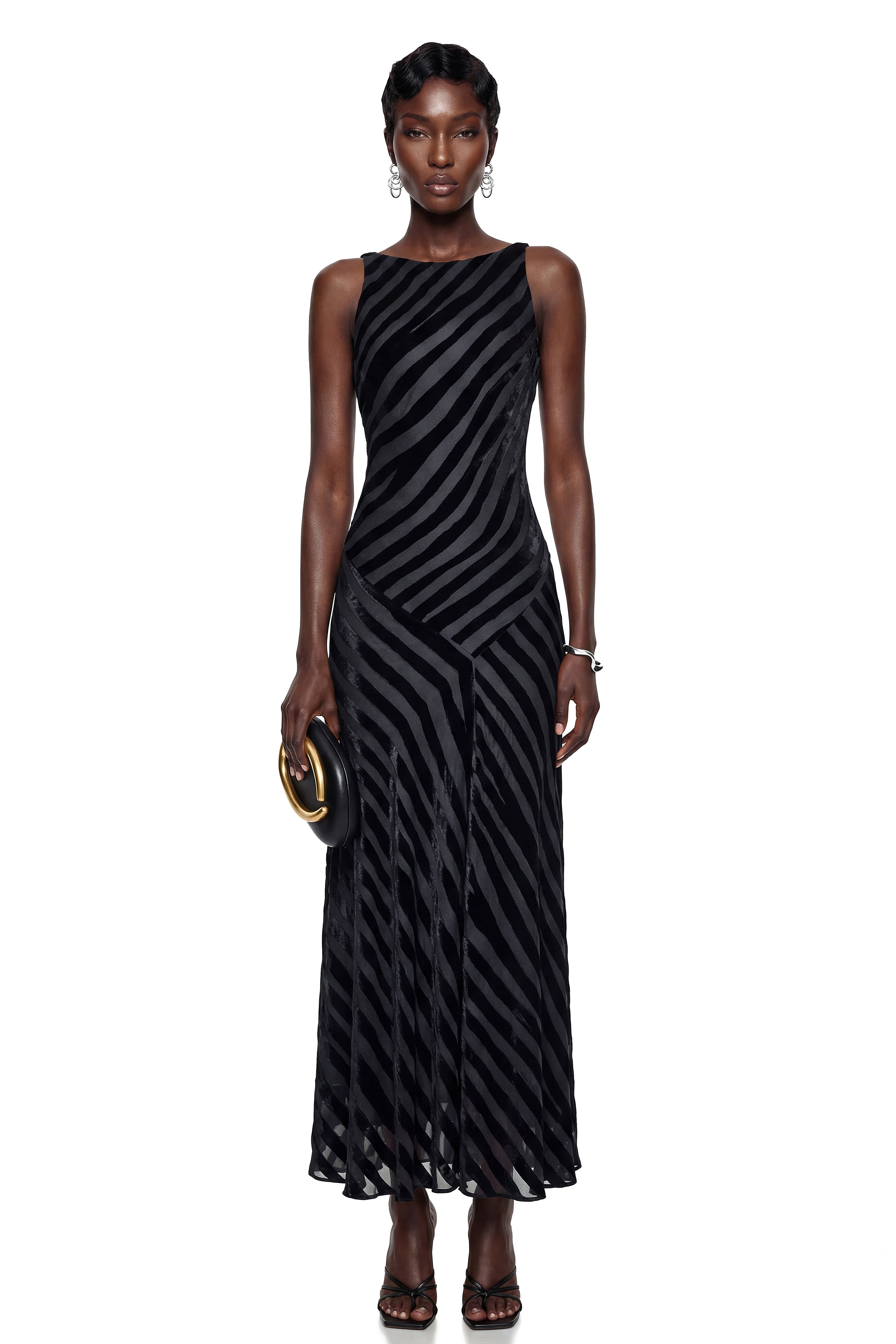 Cailleach Black Silk Asymmetrical Striped Midi Dress