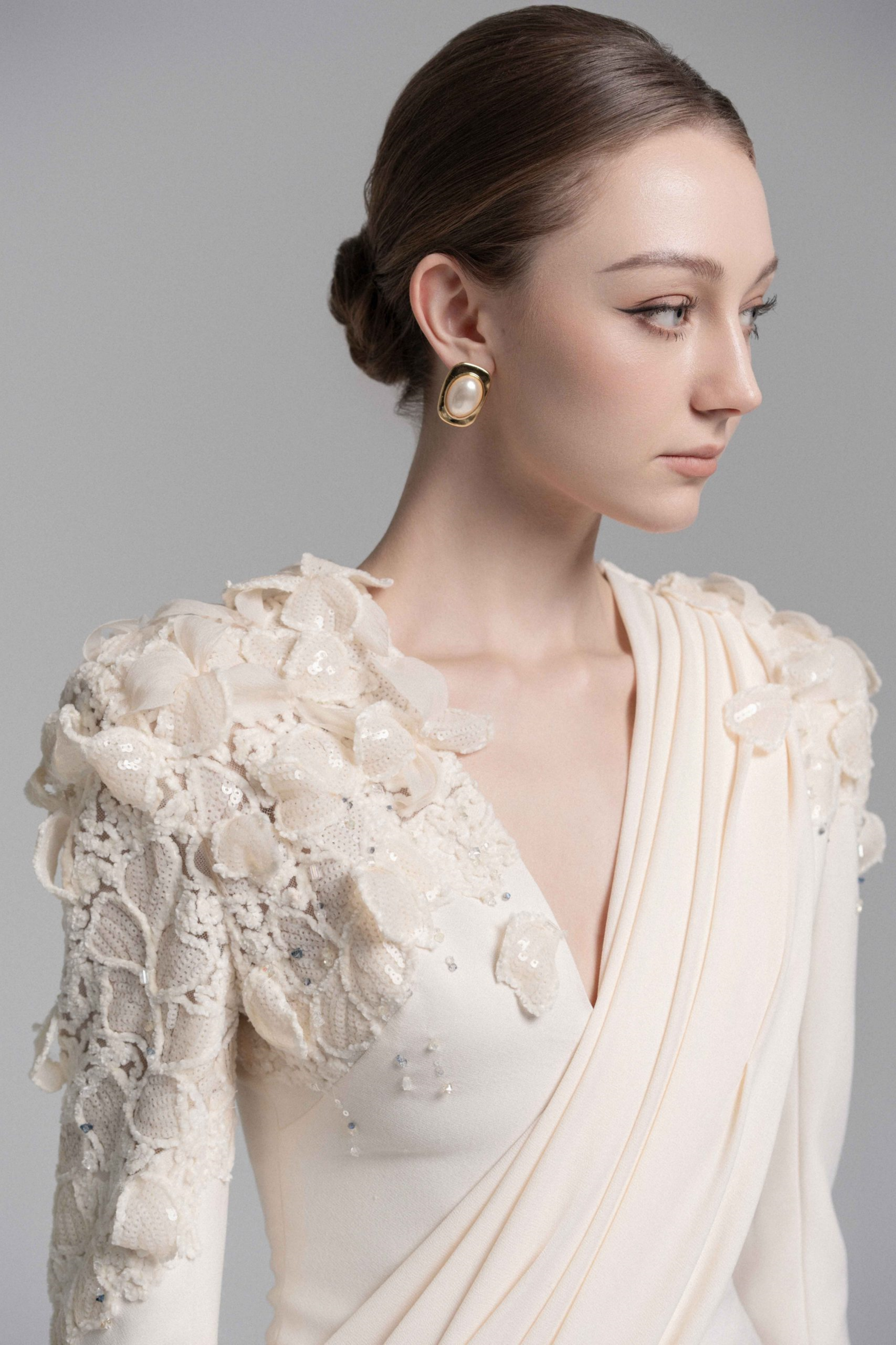 Calanthe Champagne Floral Lace Maxi Dress with Ribbon Detail