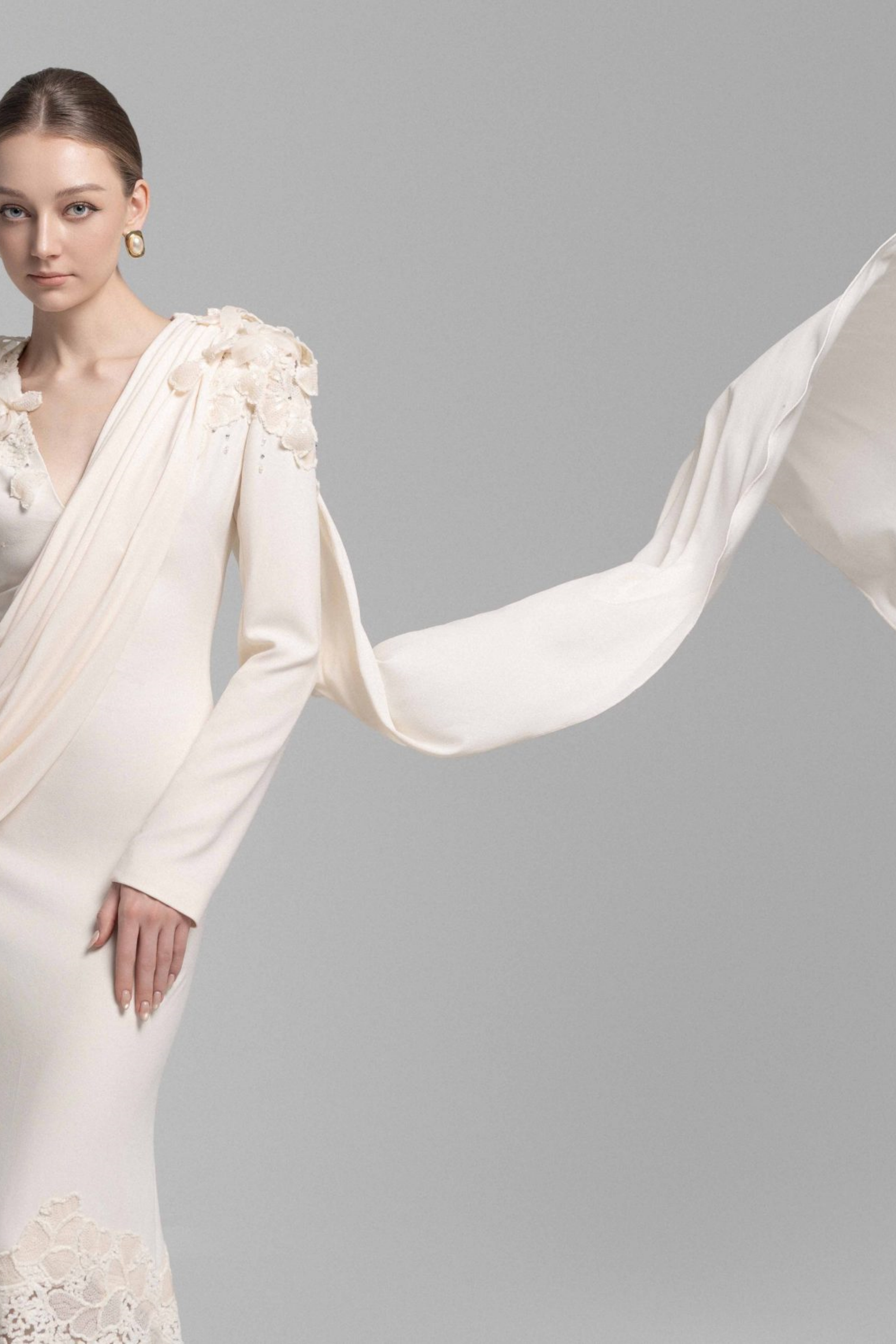 Calanthe Champagne Floral Lace Maxi Dress with Ribbon Detail