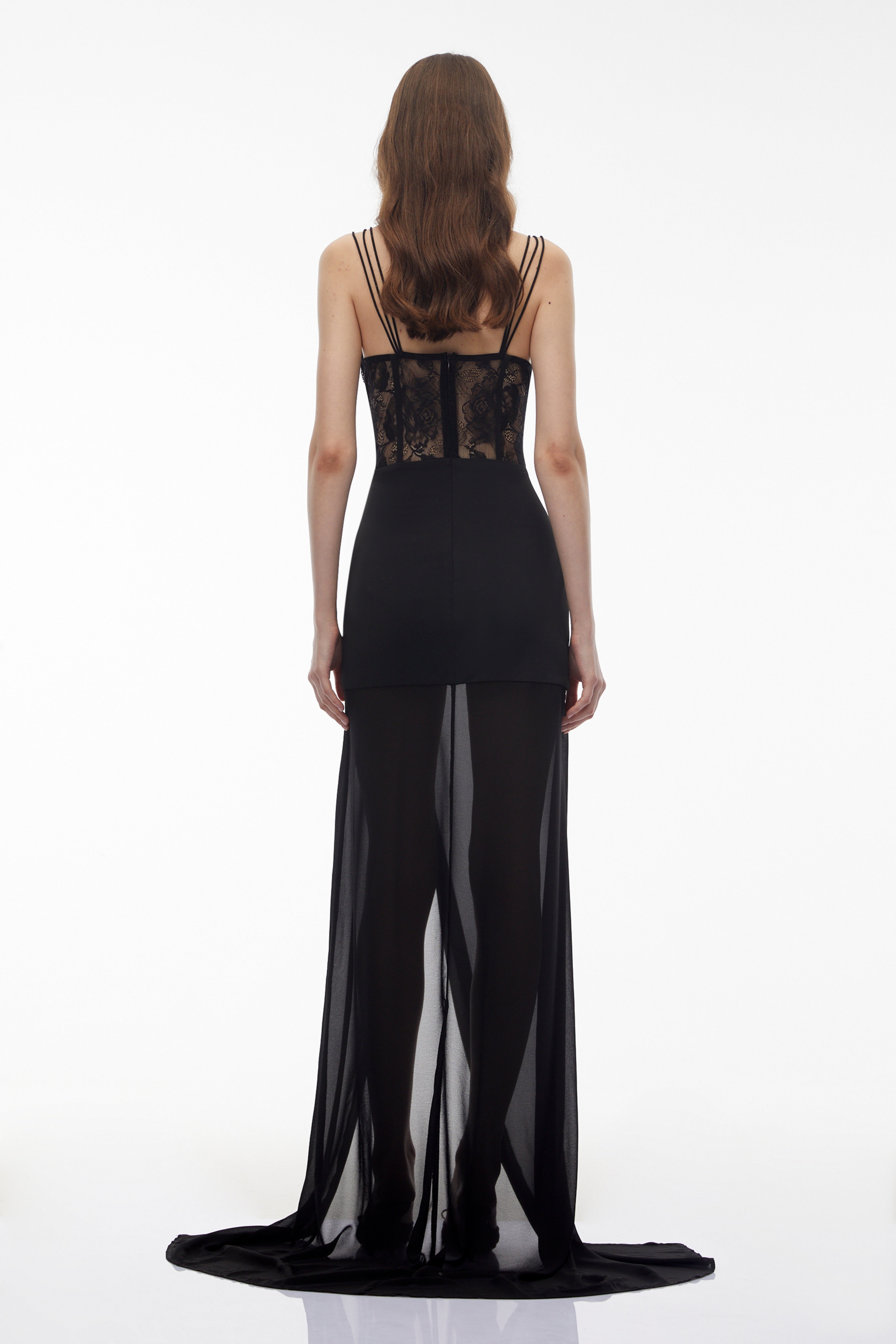 Callirhoe – Schwarzes, transparentes Spitzen-Korsett-Maxikleid