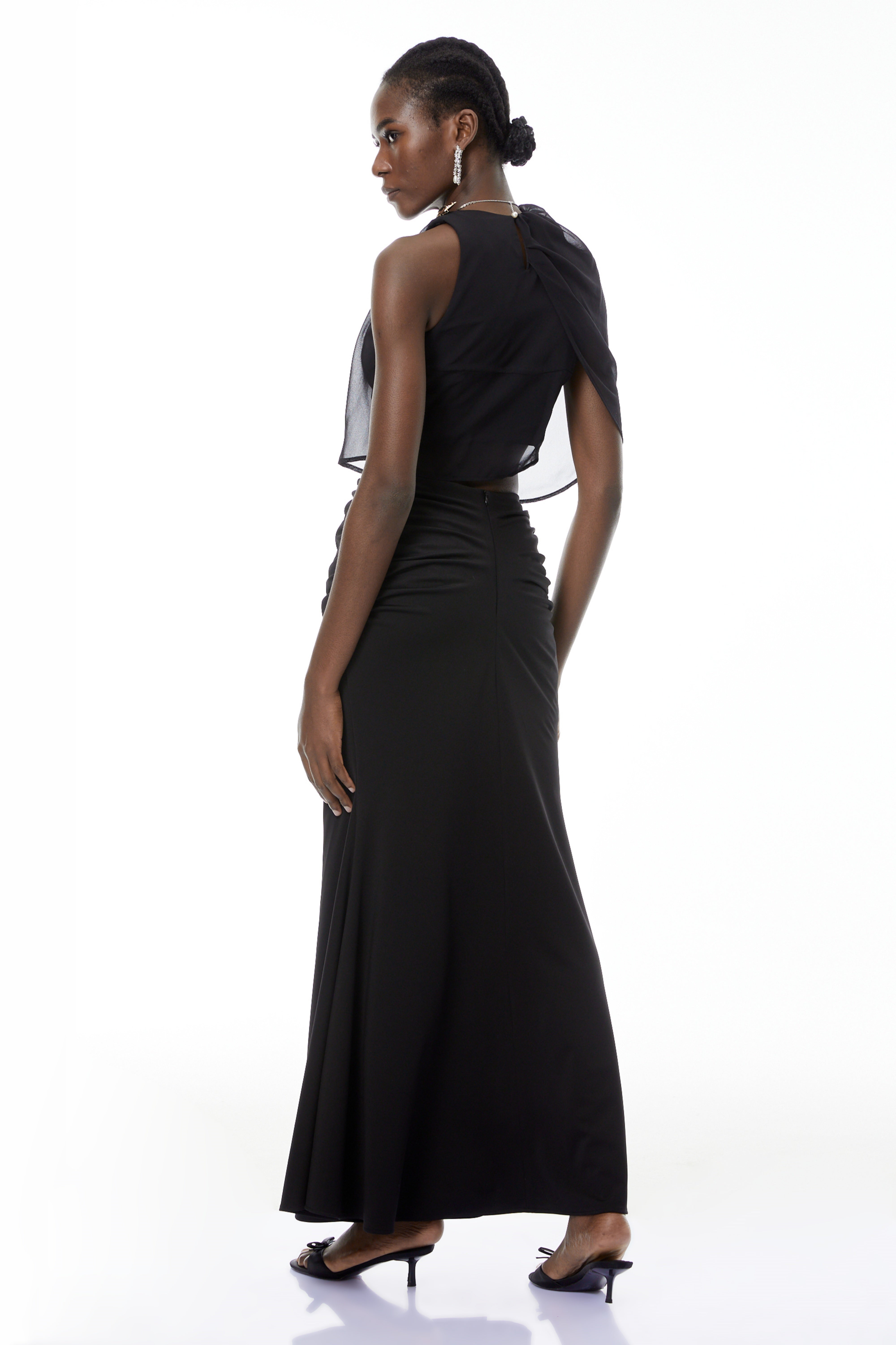 Calypso Black Asymmetrical Ruched Top & Skirt Set