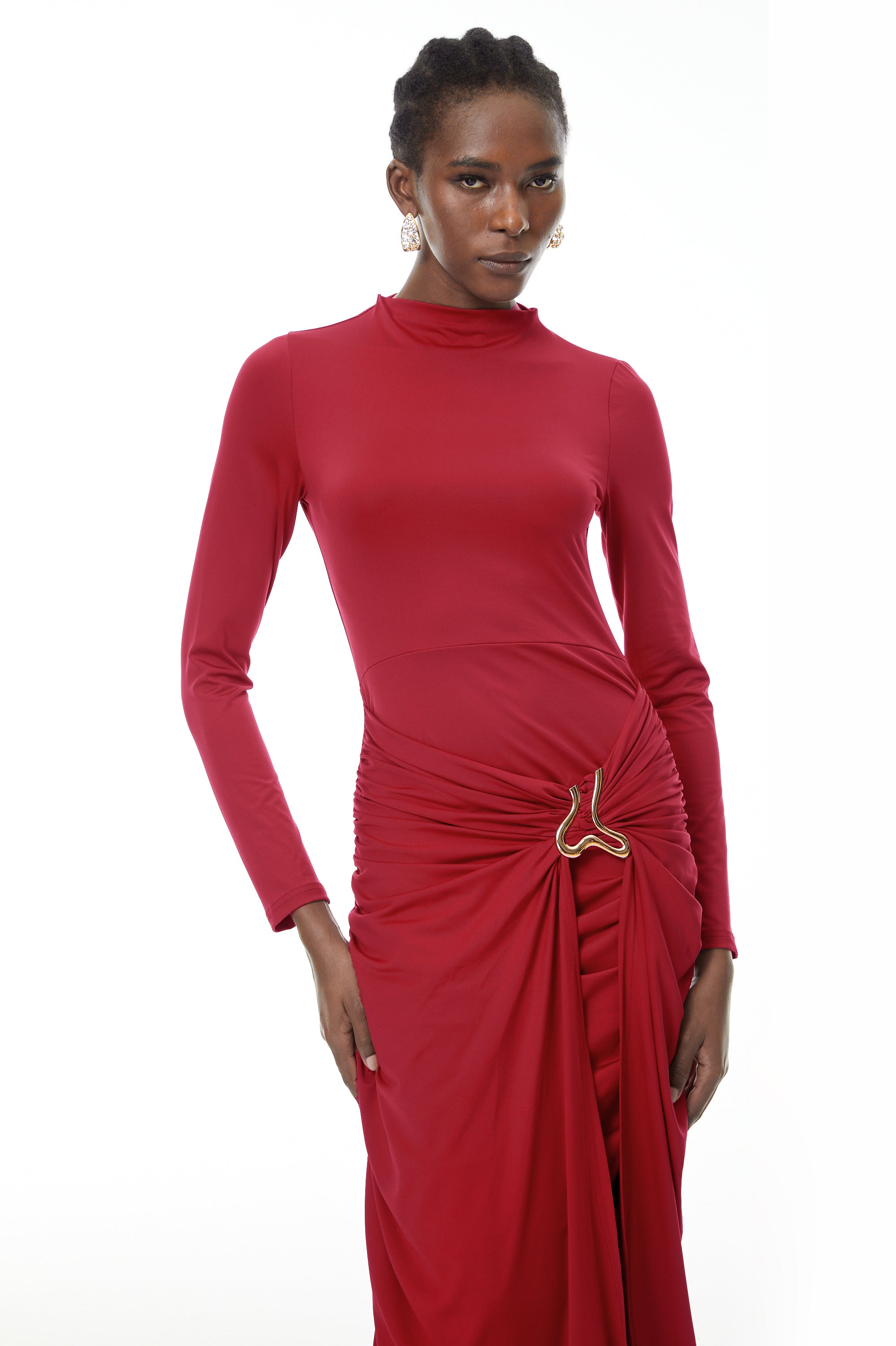 Cambria Red Ruched Maxi Dress with Metal Buckle (Final Sale)