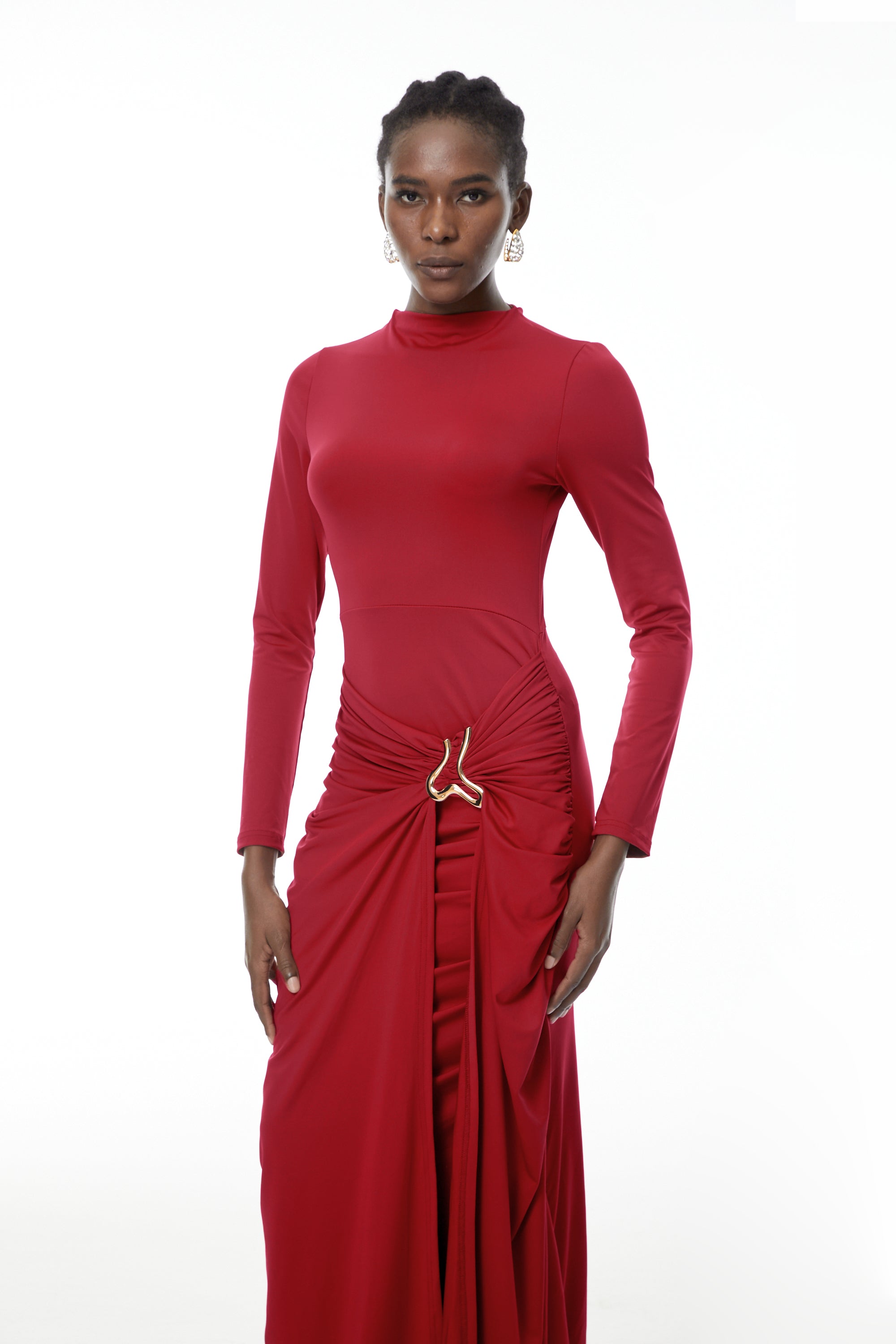 Cambria Red Ruched Maxi Dress with Metal Buckle (Final Sale)