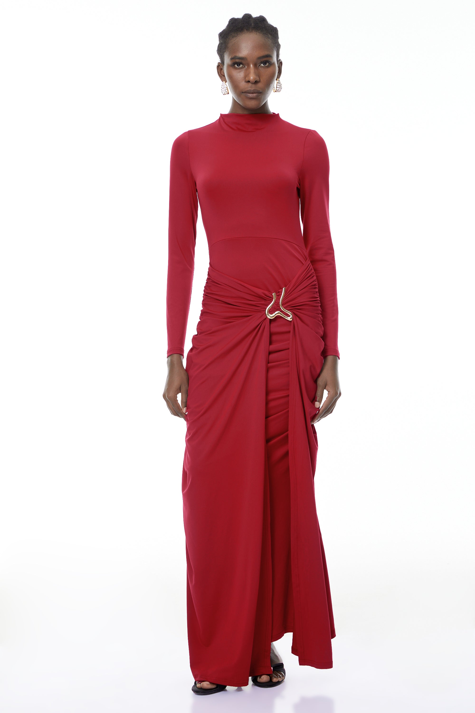 Cambria Red Ruched Maxi Dress with Metal Buckle (Final Sale)