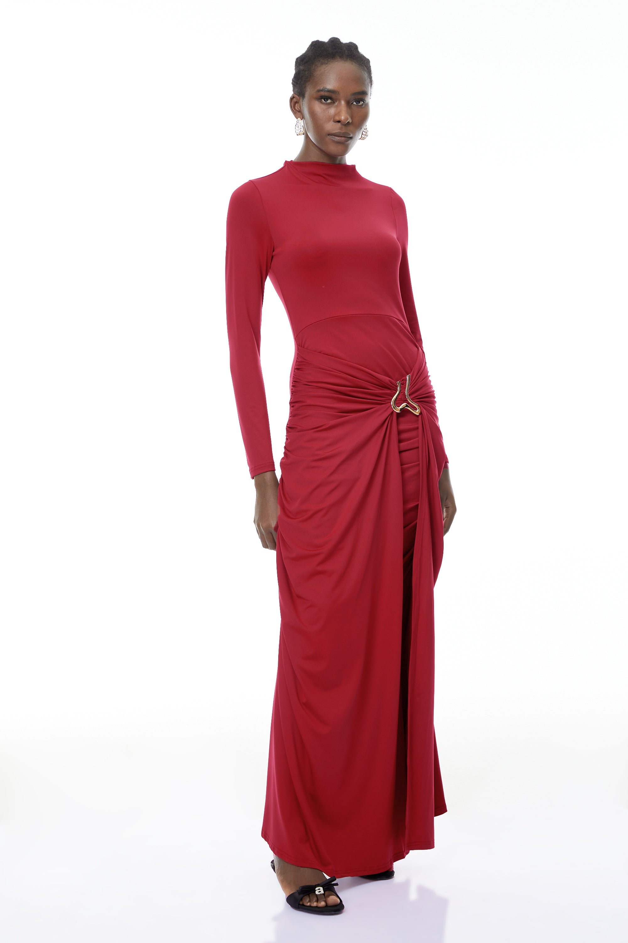 Cambria Red Ruched Maxi Dress with Metal Buckle (Final Sale)