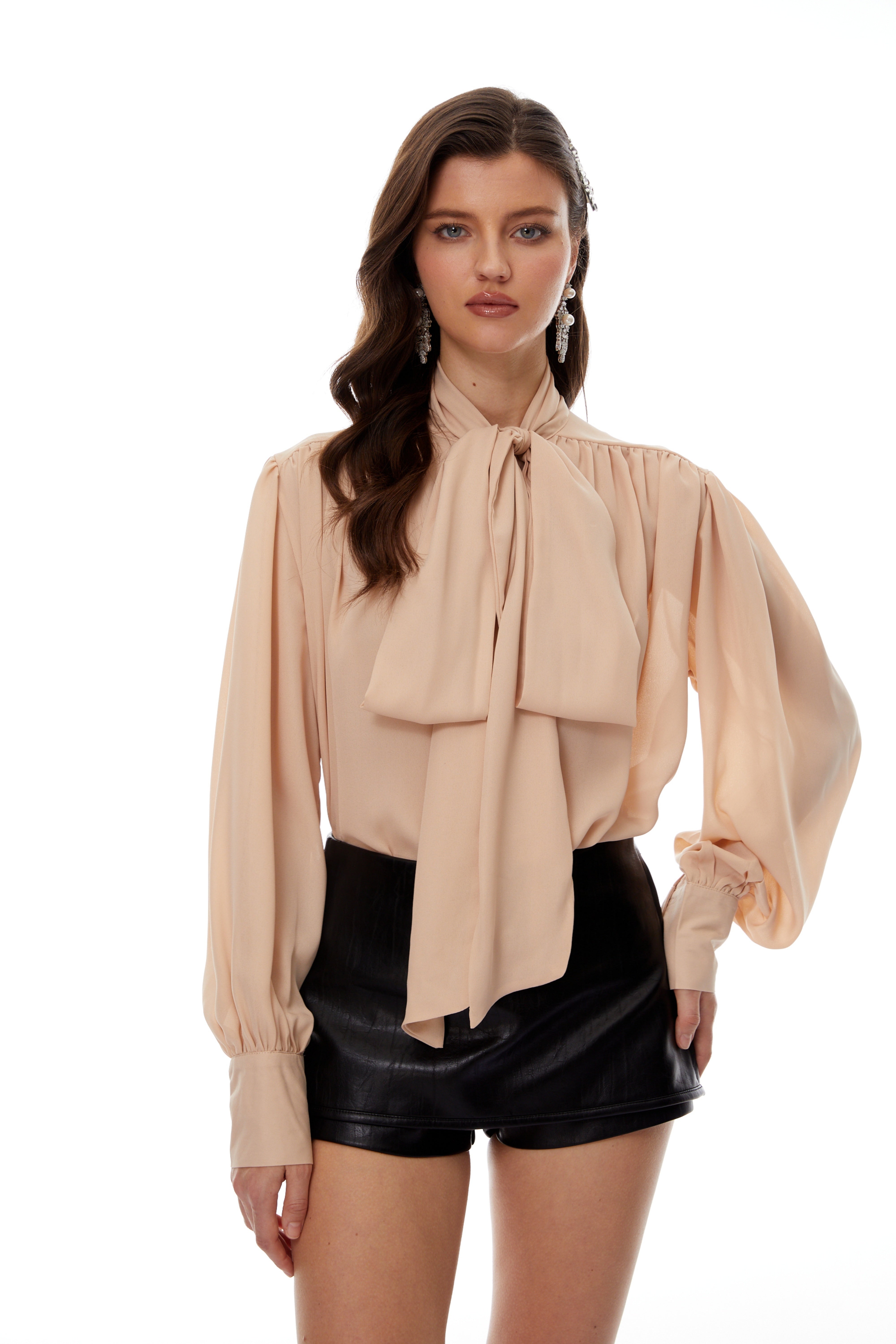 Camilla Neutrals Self-Tie Collar Ruched Blouse