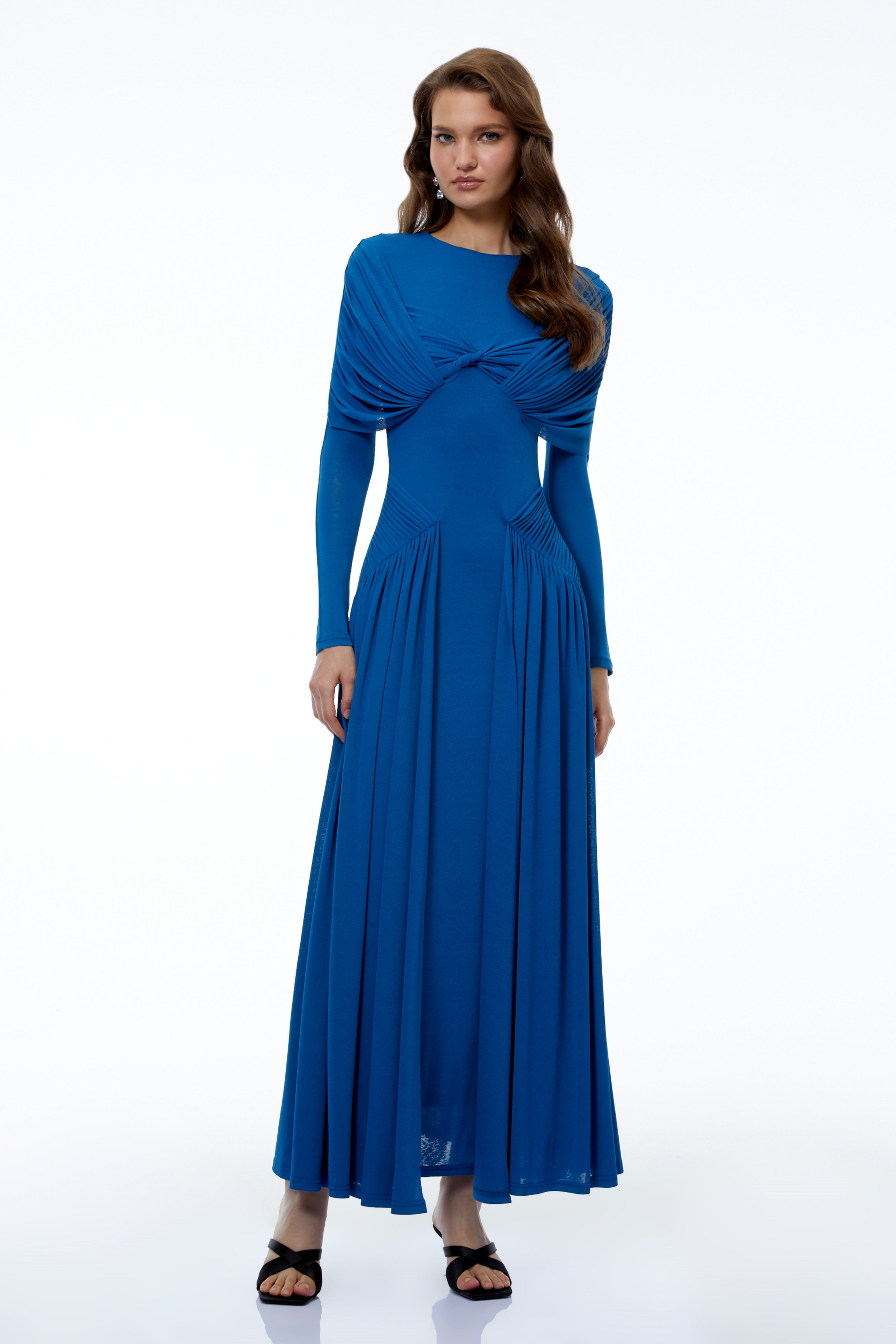 Camilla Royal Blue Long Sleeve Ruched Maxi Dress
