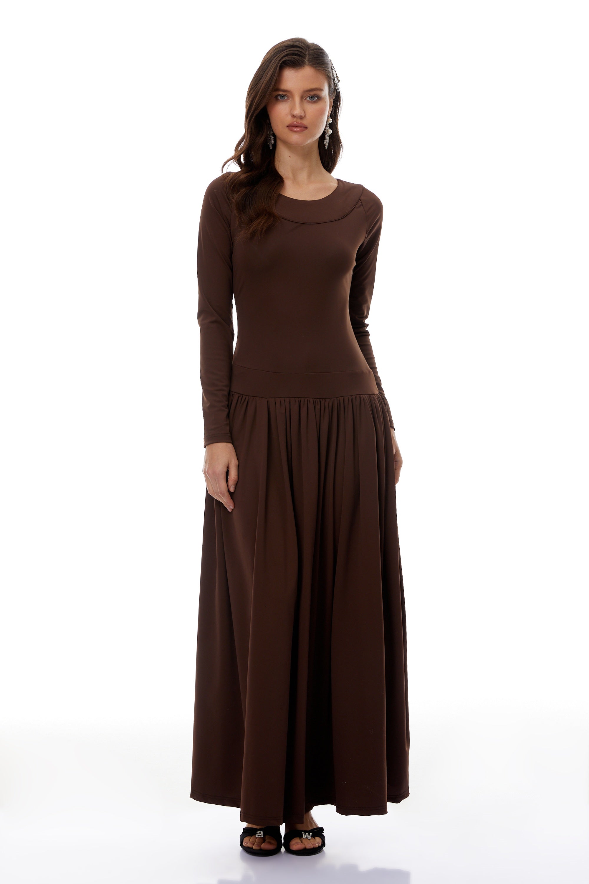 Campagne Brown Open-Back Shirred Maxi Dress