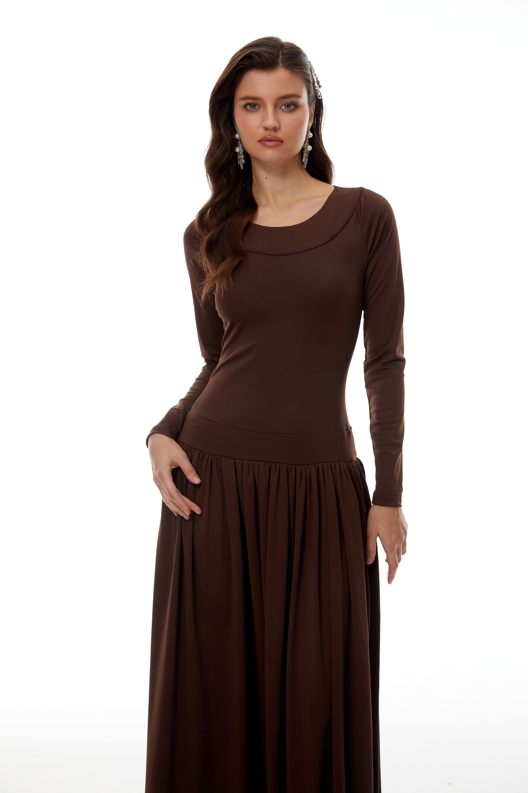 Campagne Brown Open-Back Shirred Maxi Dress