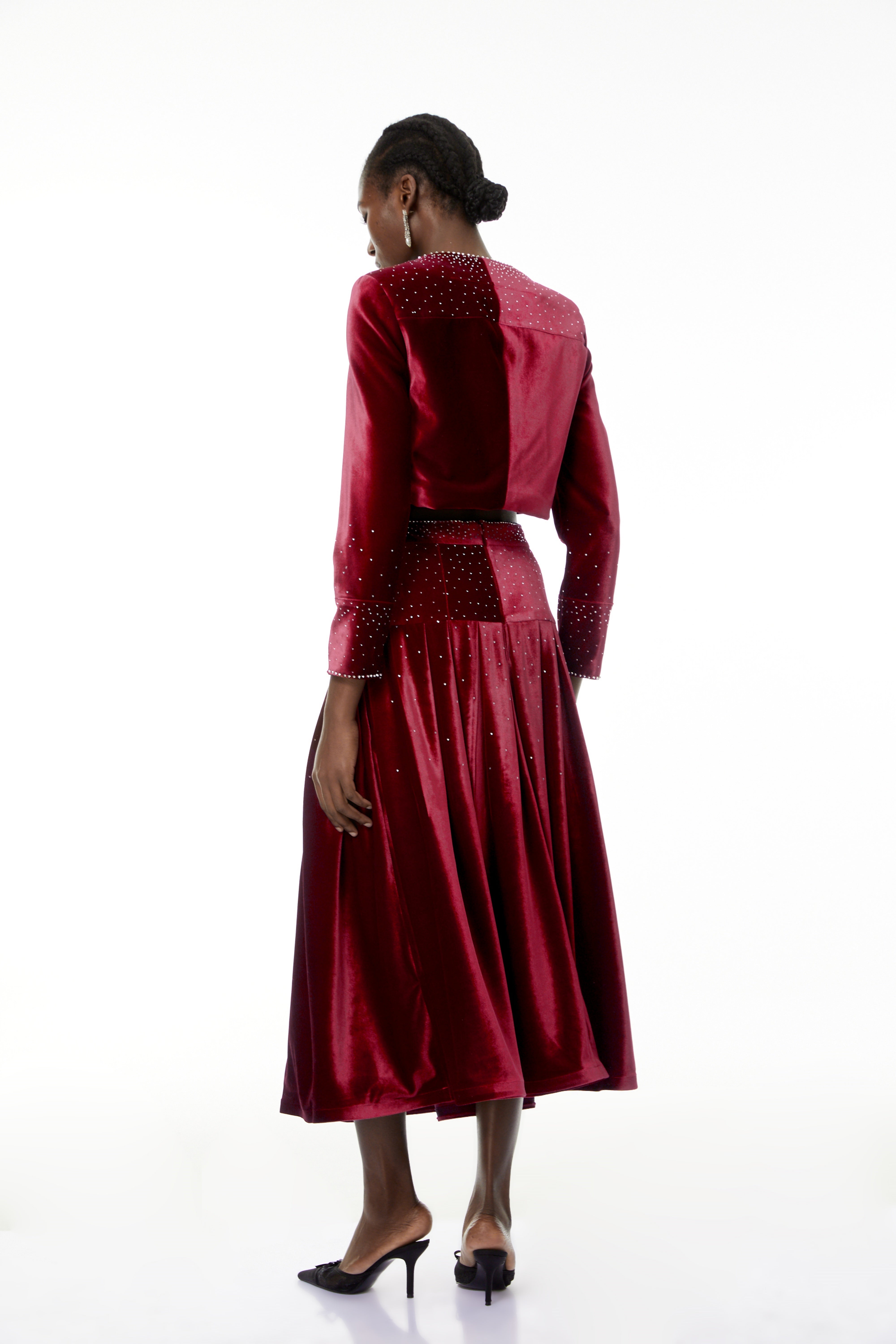 Candela Red Velvet Rhinestone Embellished Jacket & Skirt Set