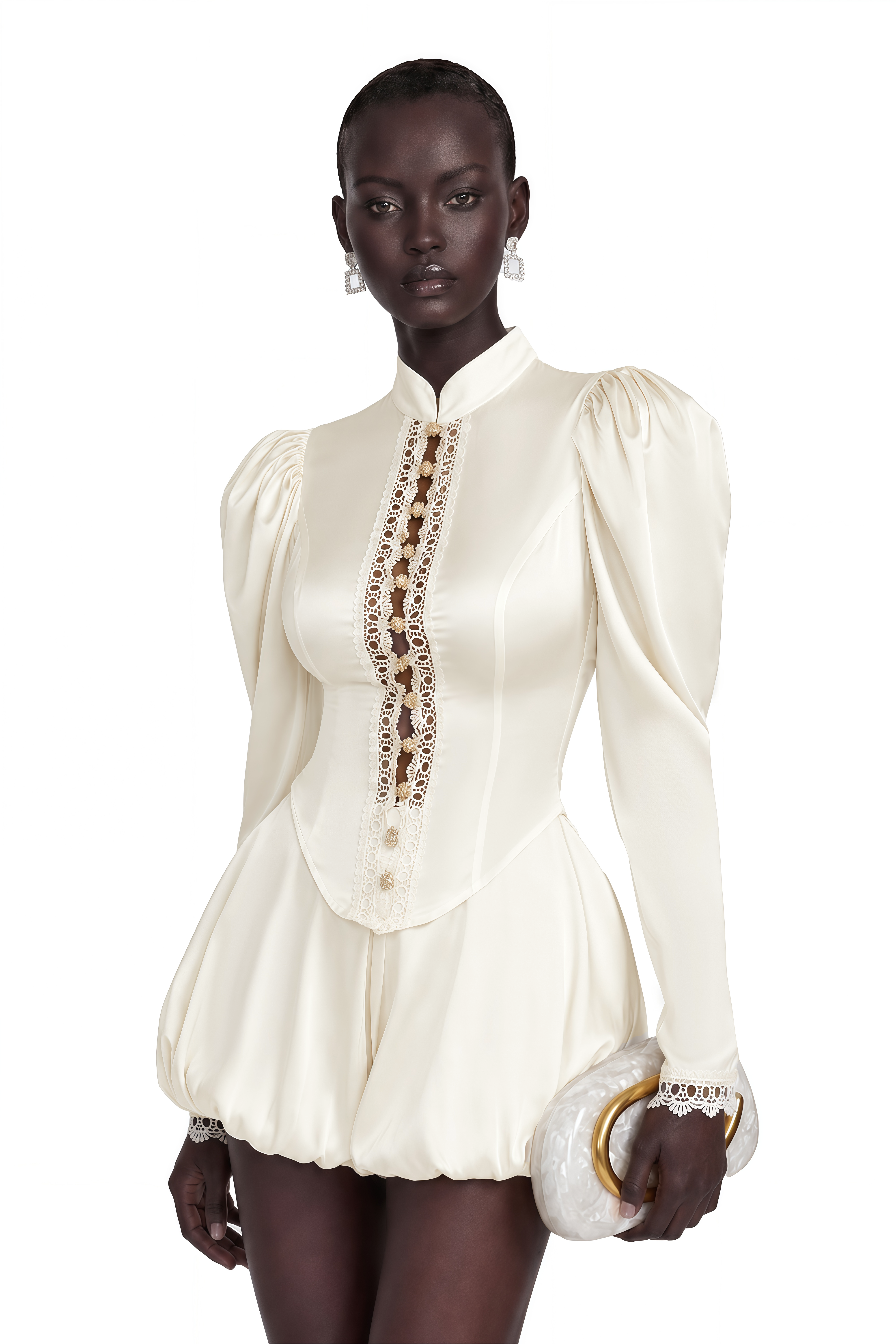 Caoimhe Cream Mock Neck Top & Short Set with Lace Trim