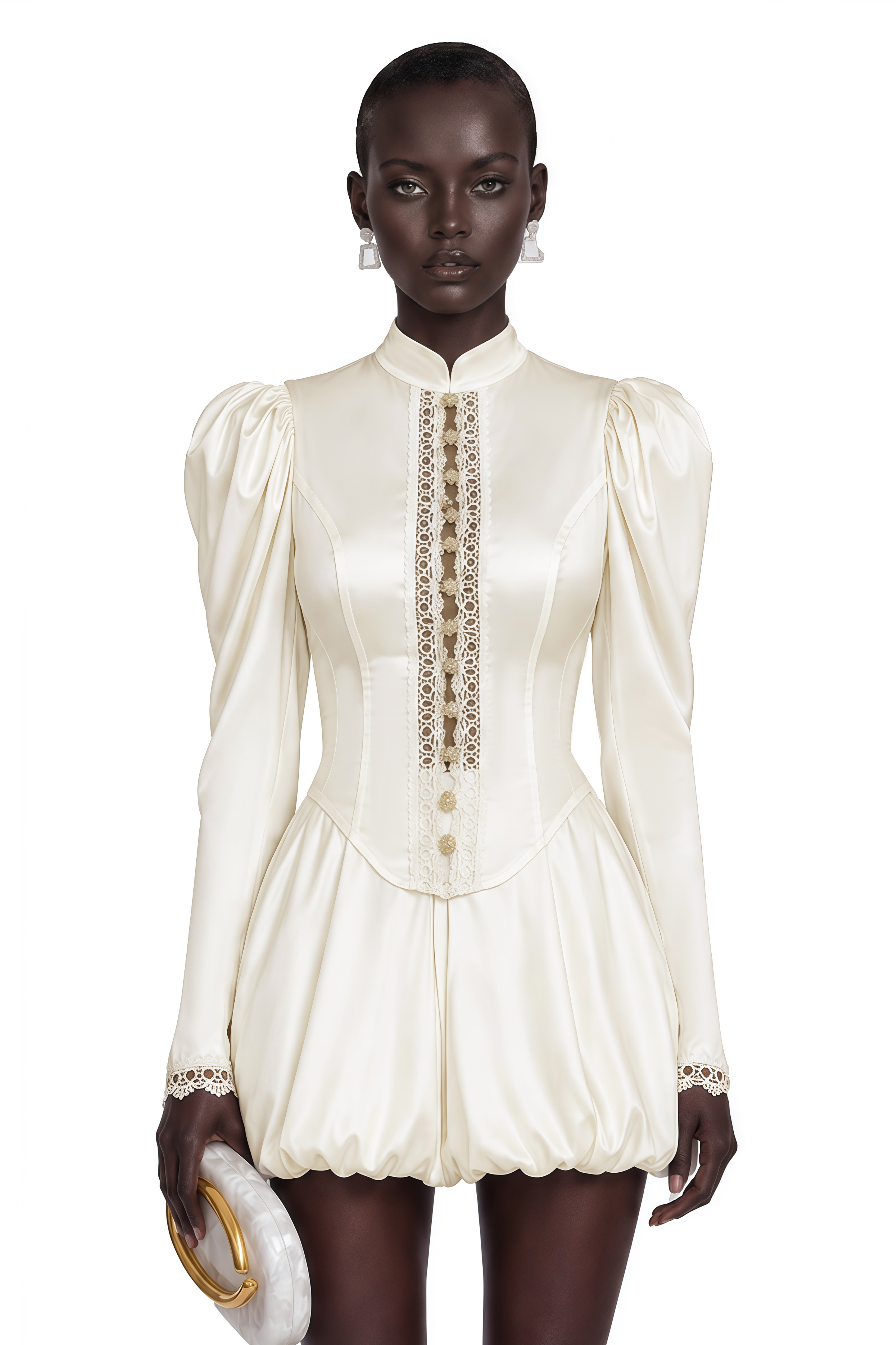 Caoimhe Cream Mock Neck Top & Short Set with Lace Trim