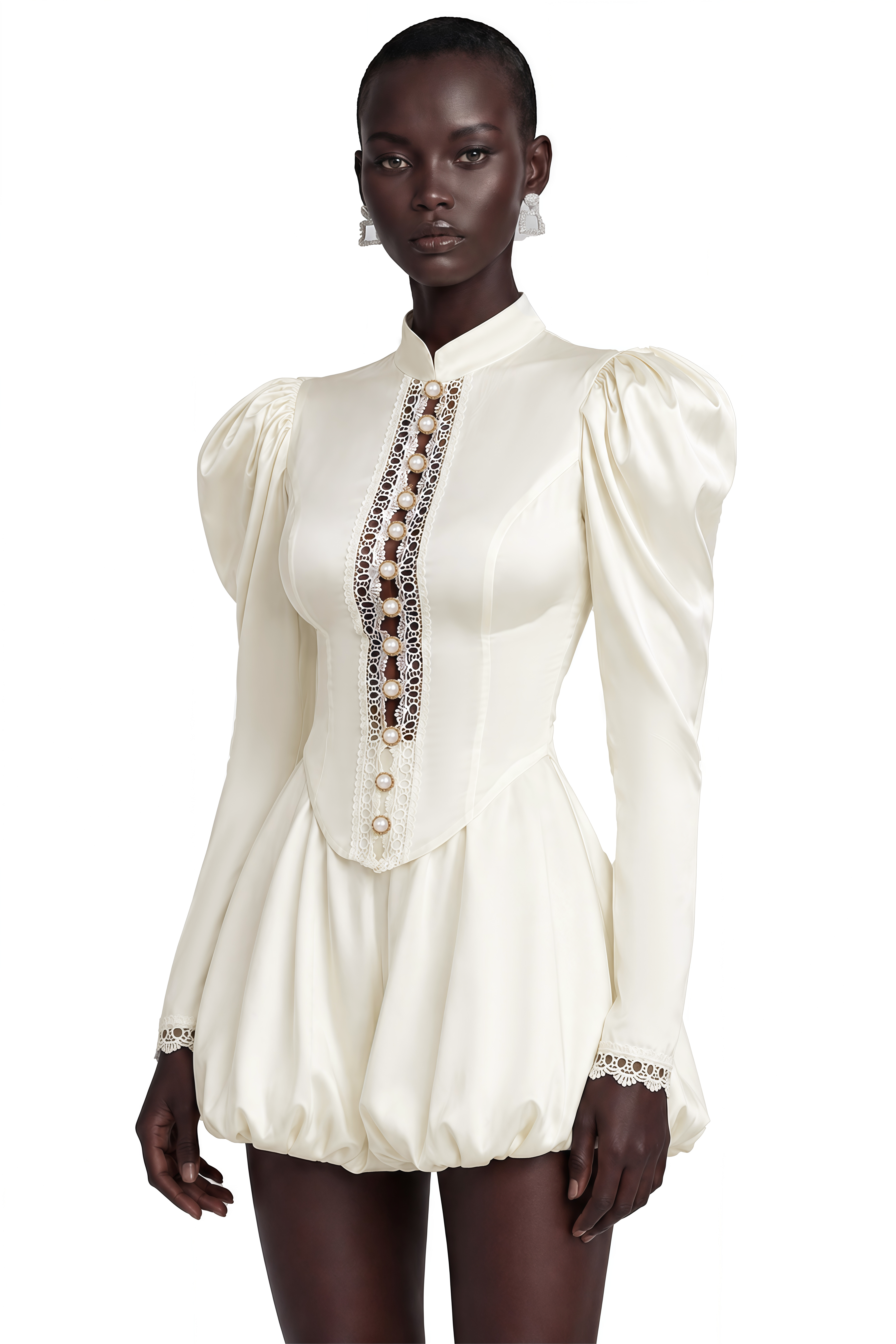 Caoimhe Cream Mock Neck Top & Short Set with Lace Trim