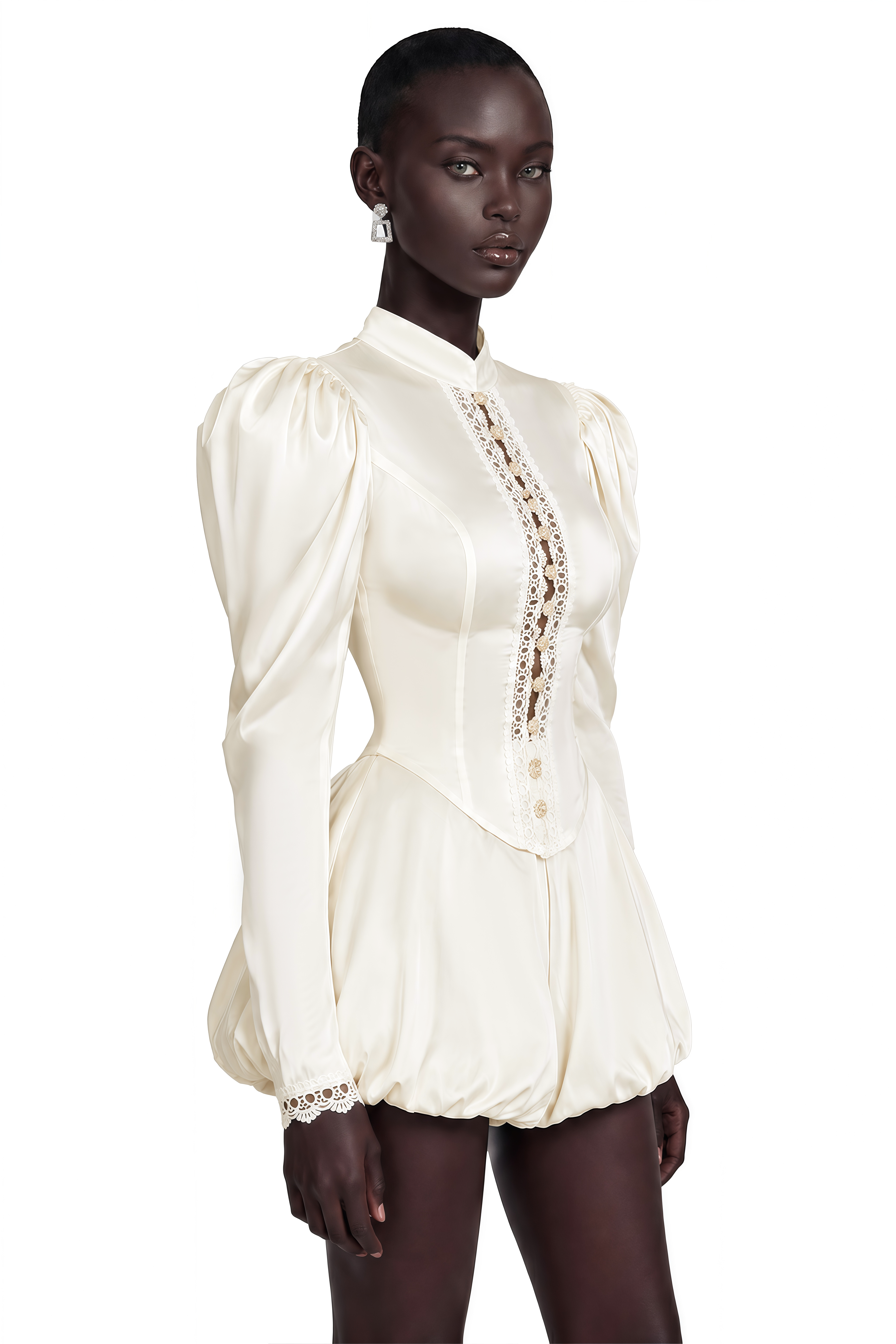 Caoimhe Cream Mock Neck Top & Short Set with Lace Trim
