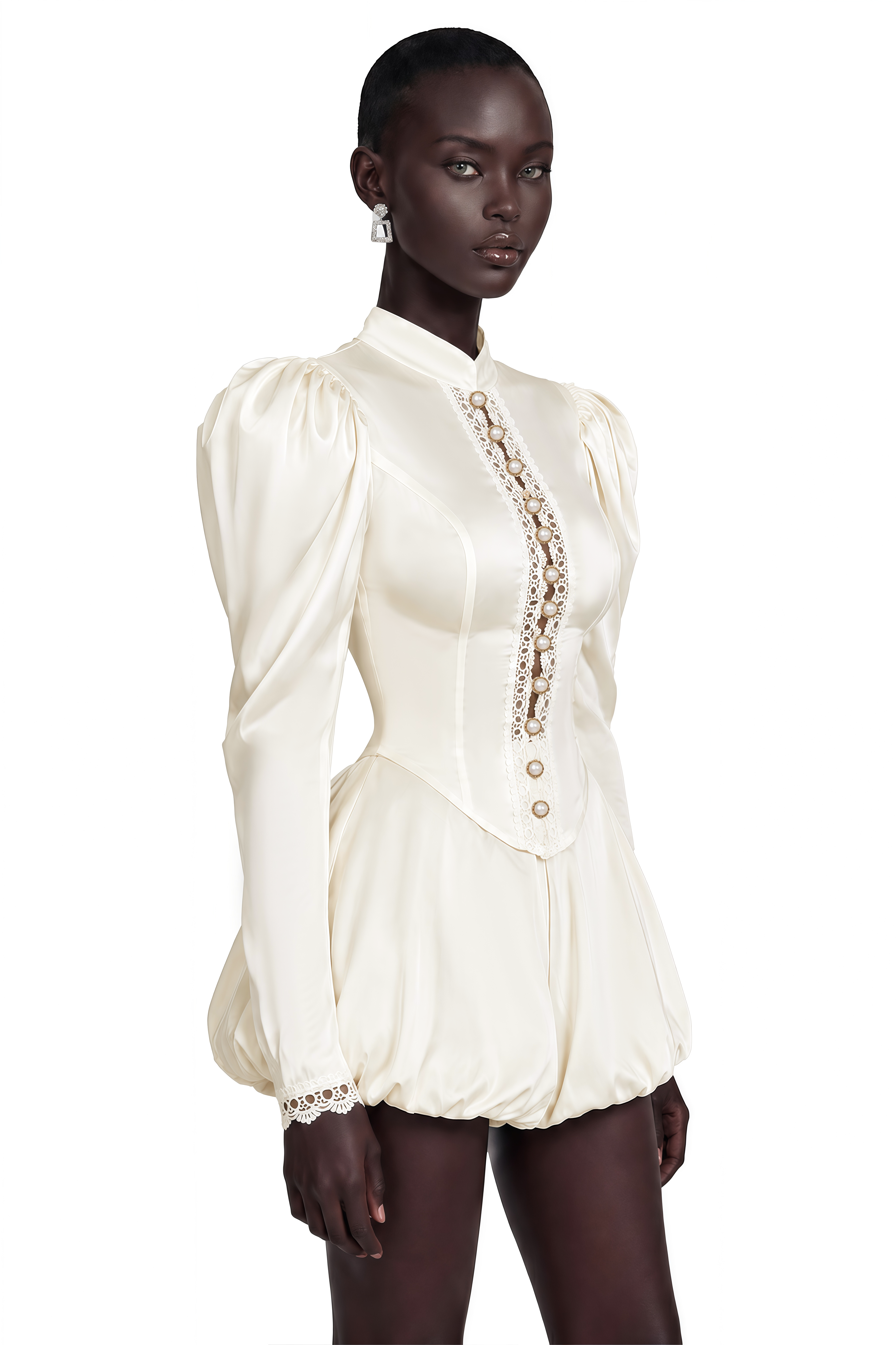 Caoimhe Cream Mock Neck Top & Short Set with Lace Trim