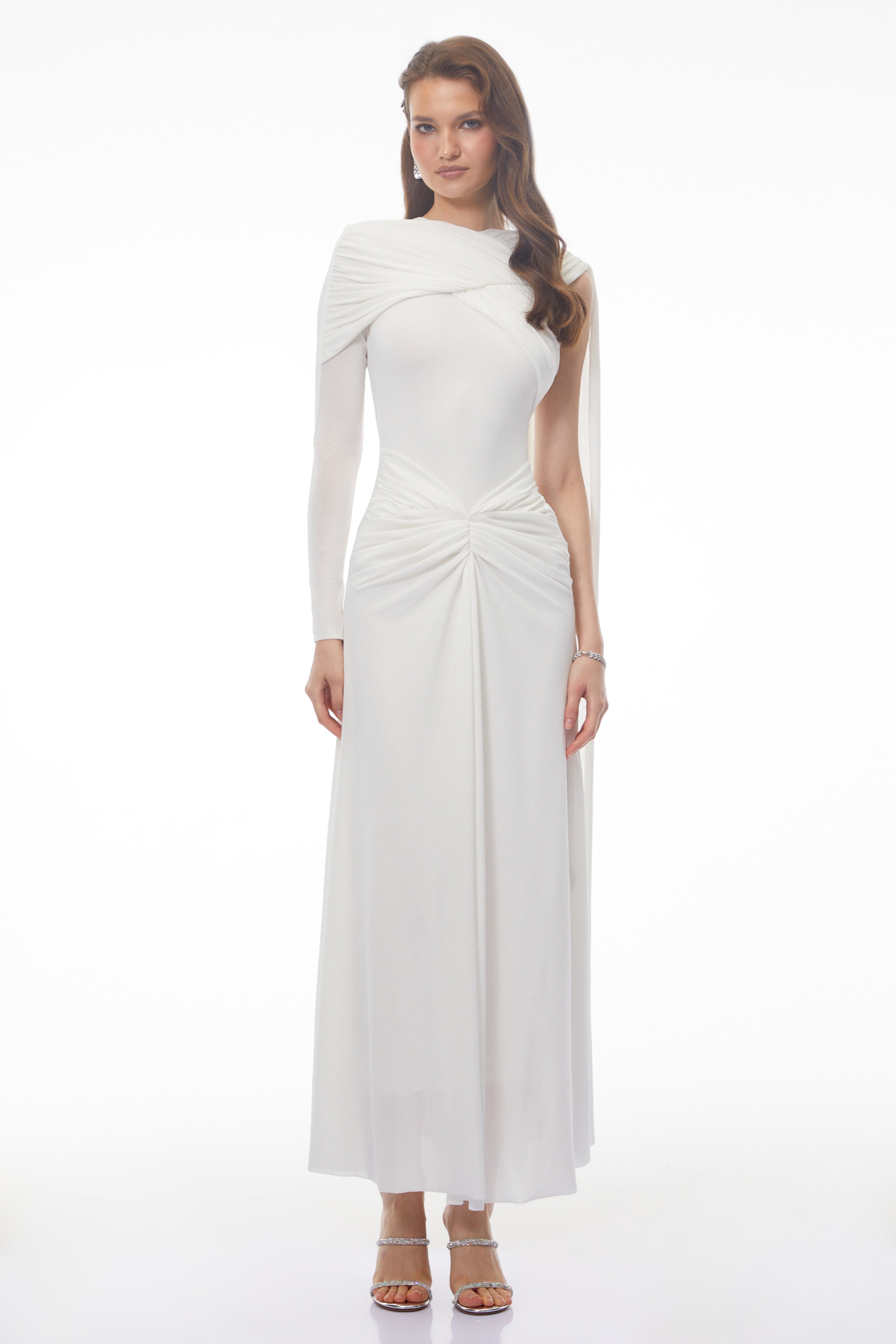 Carina White Asymmetrical Maxi Dress with Cape Sleeves