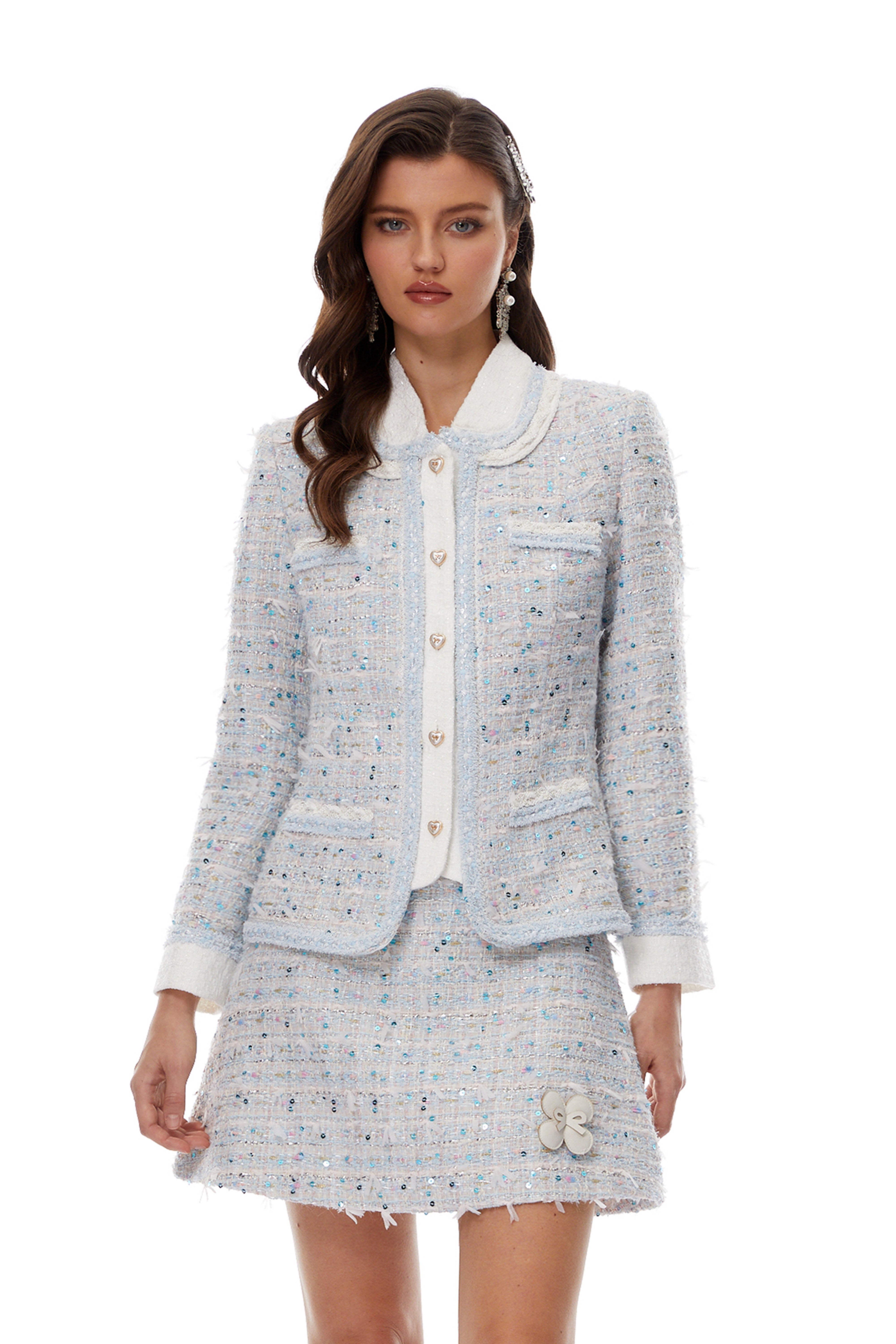 Carol Blue Tweed Jacket & 3D Petal Skirt Set