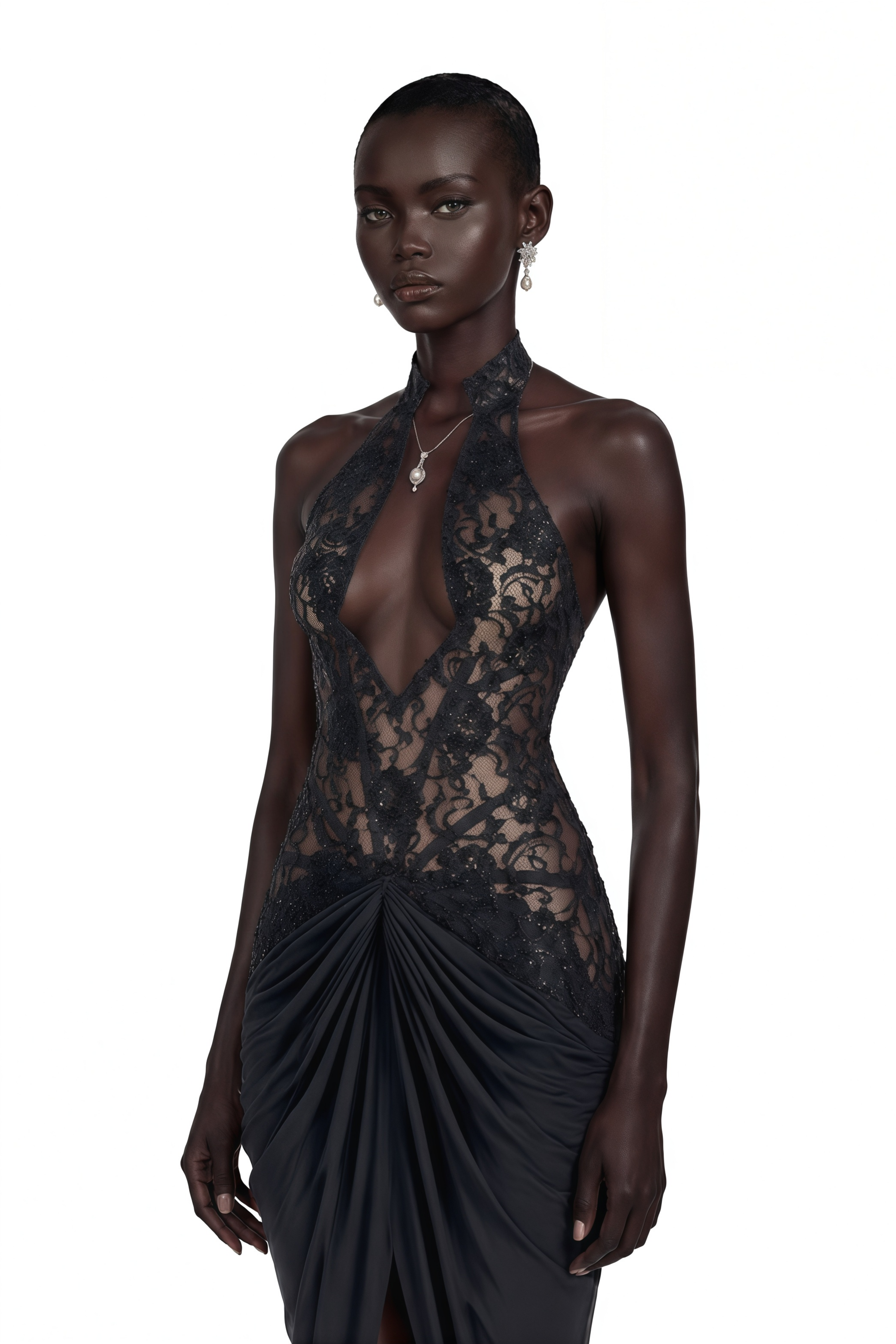 Carolina Black Plunge Neck Embellished Ruched Maxi Dress