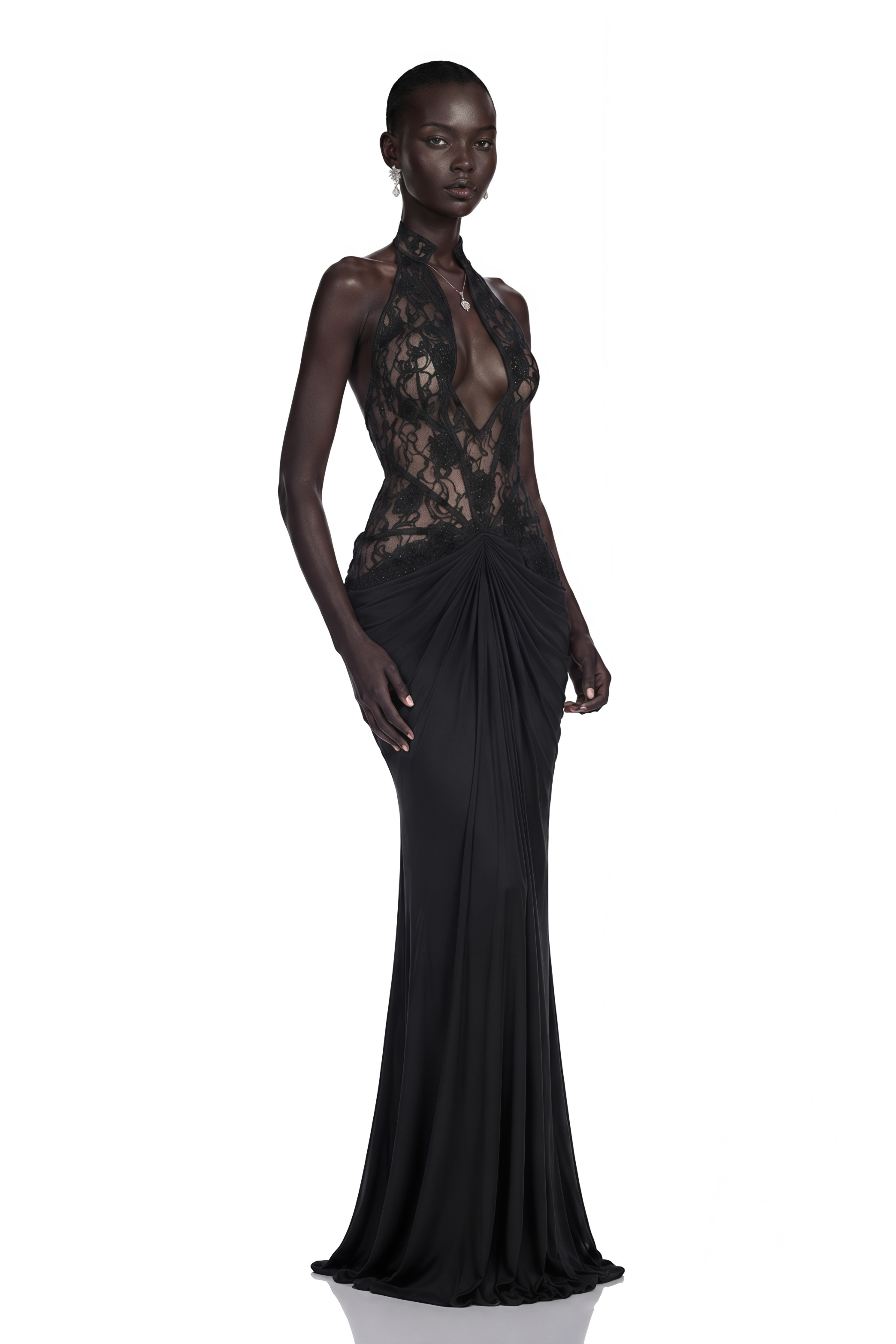 Carolina Black Plunge Neck Embellished Ruched Maxi Dress