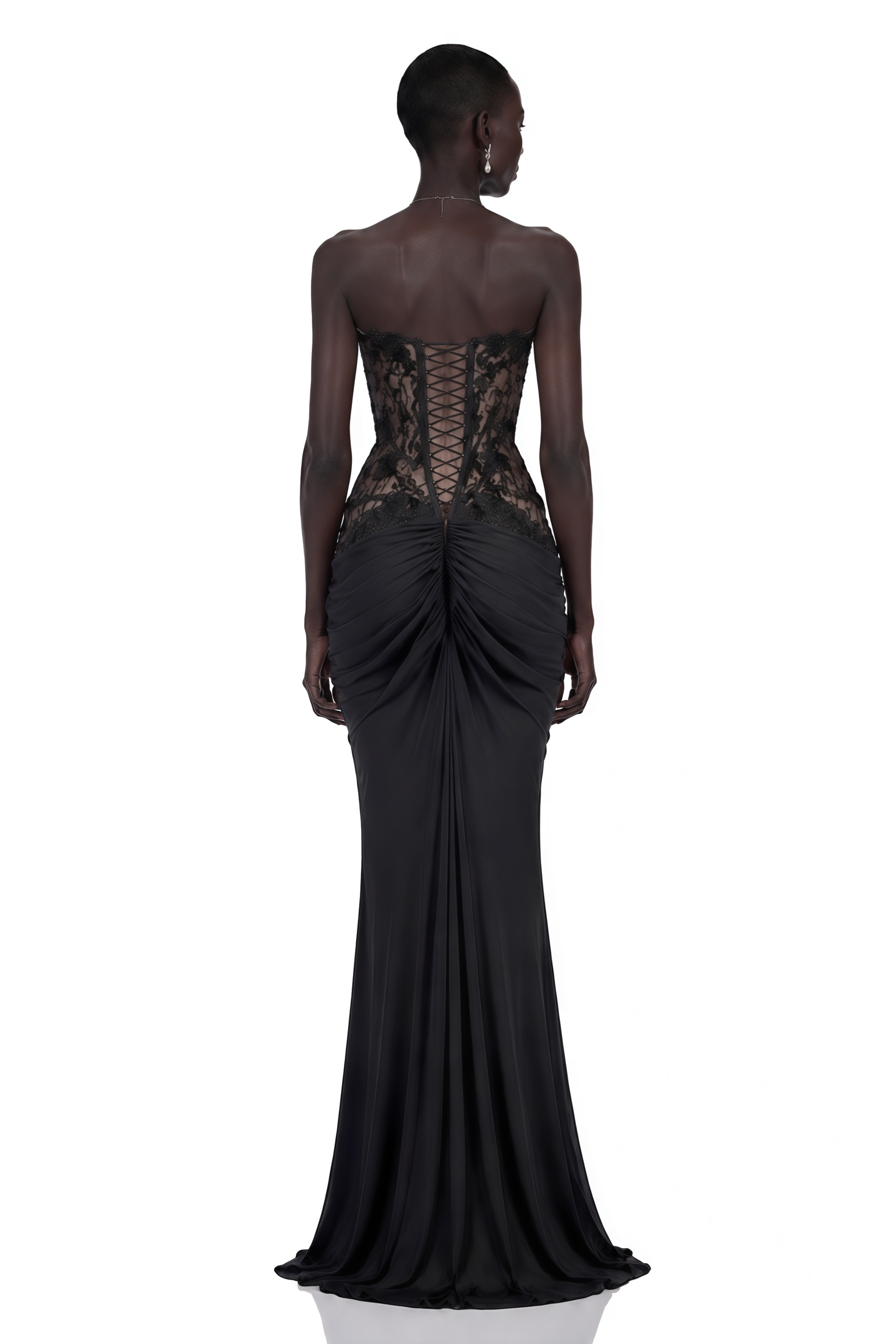 Carolina Black Plunge Neck Embellished Ruched Maxi Dress