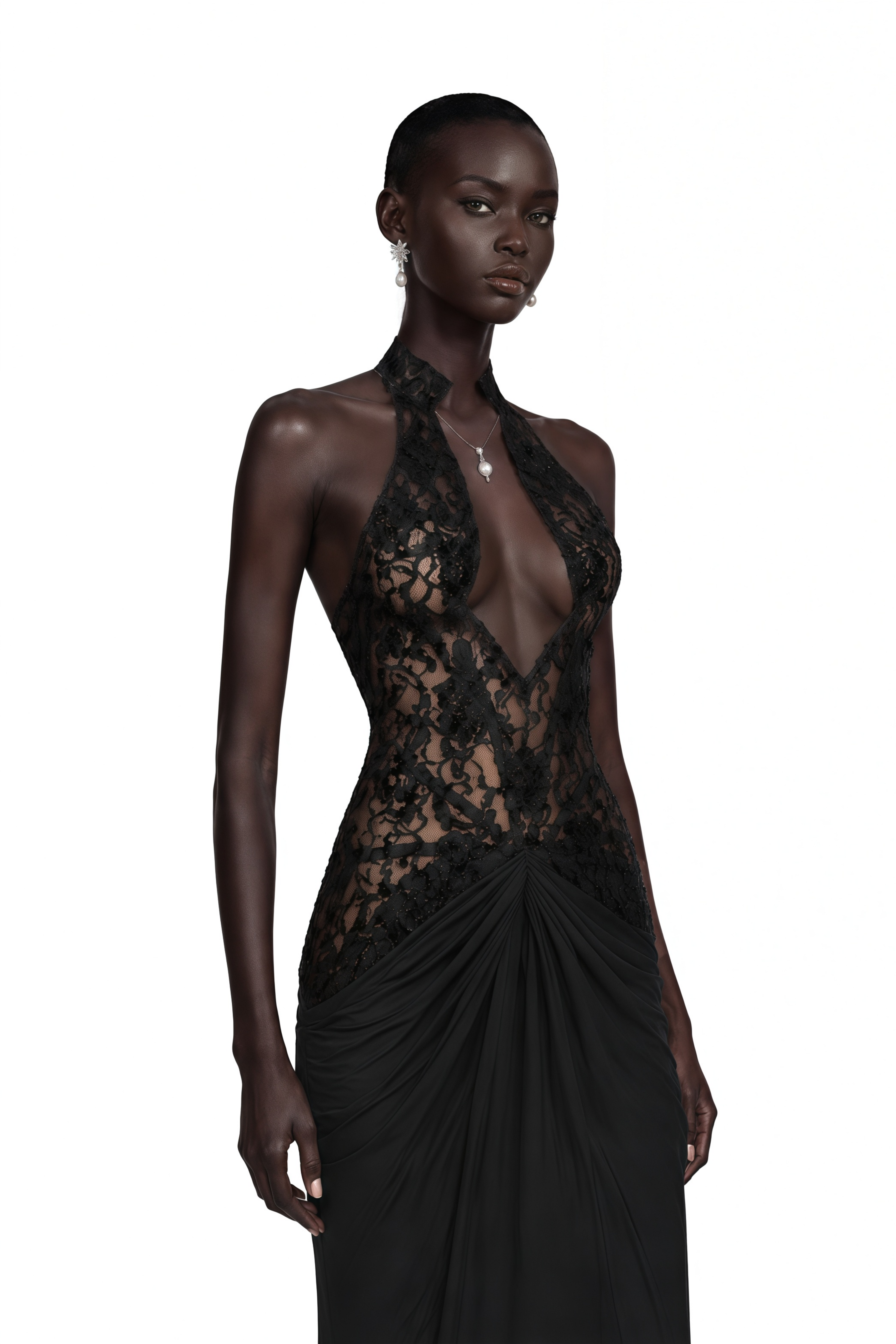 Carolina Black Plunge Neck Embellished Ruched Maxi Dress