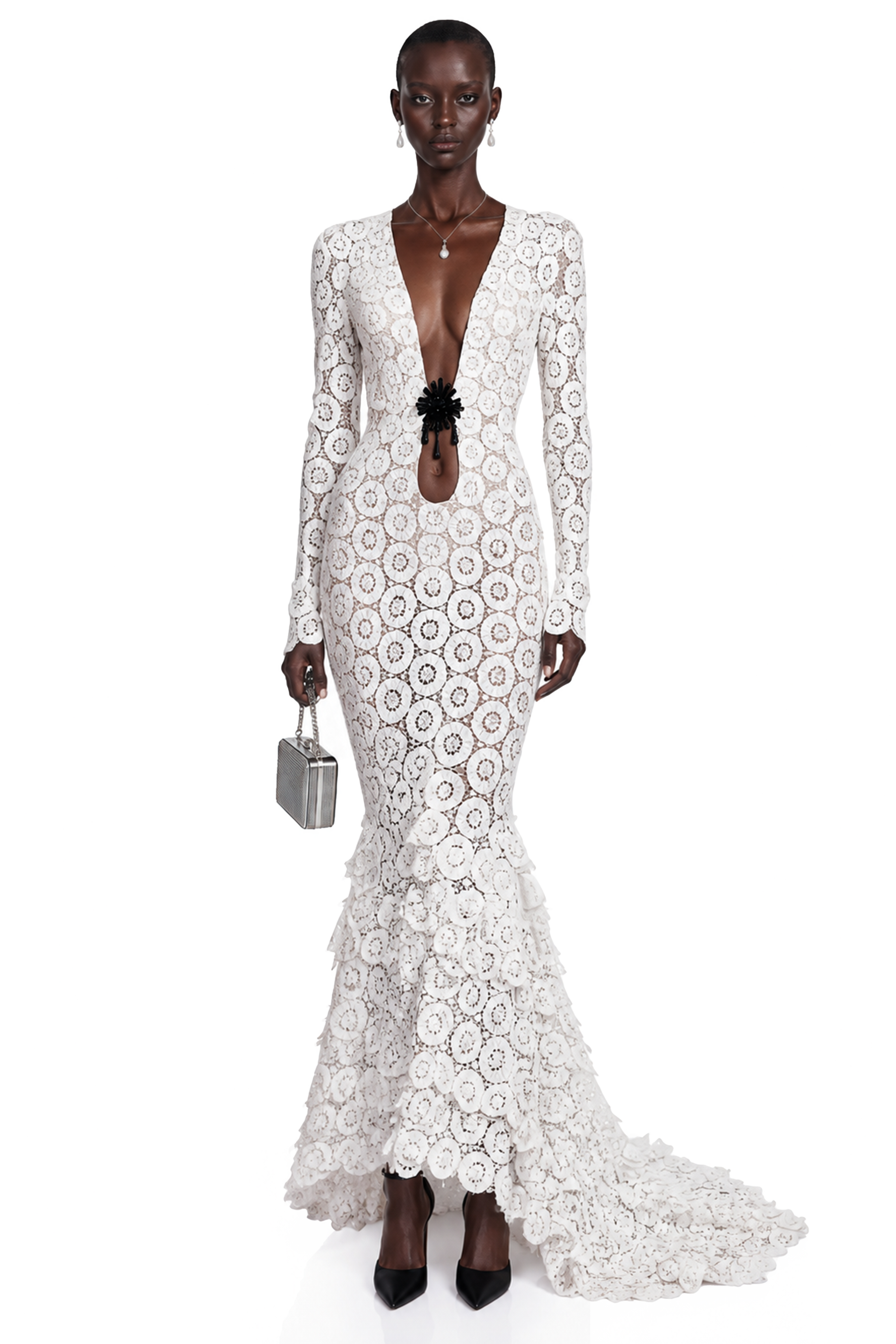 Robe longue moulante en dentelle à col en V Cass White
