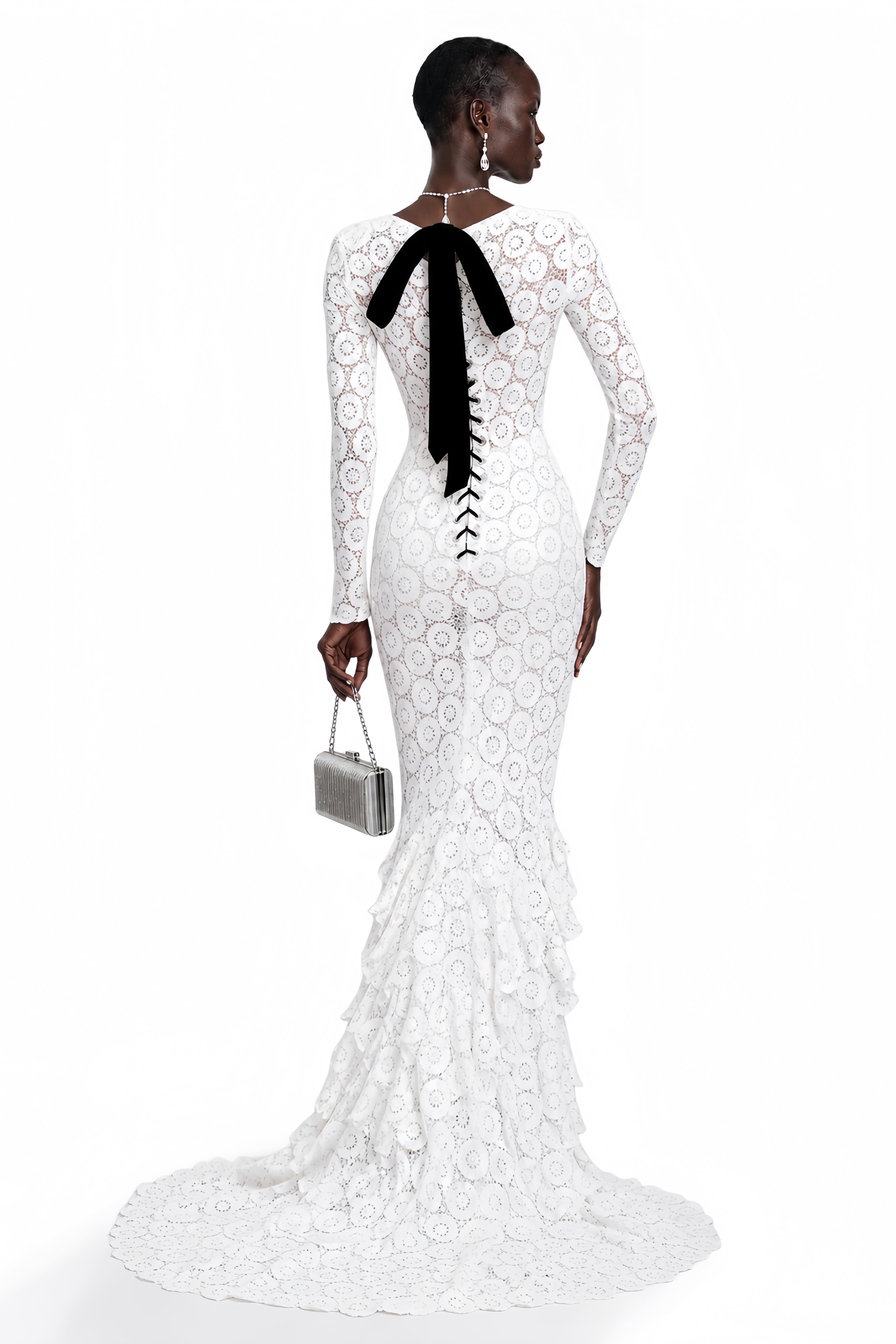 Robe longue moulante en dentelle à col en V Cass White