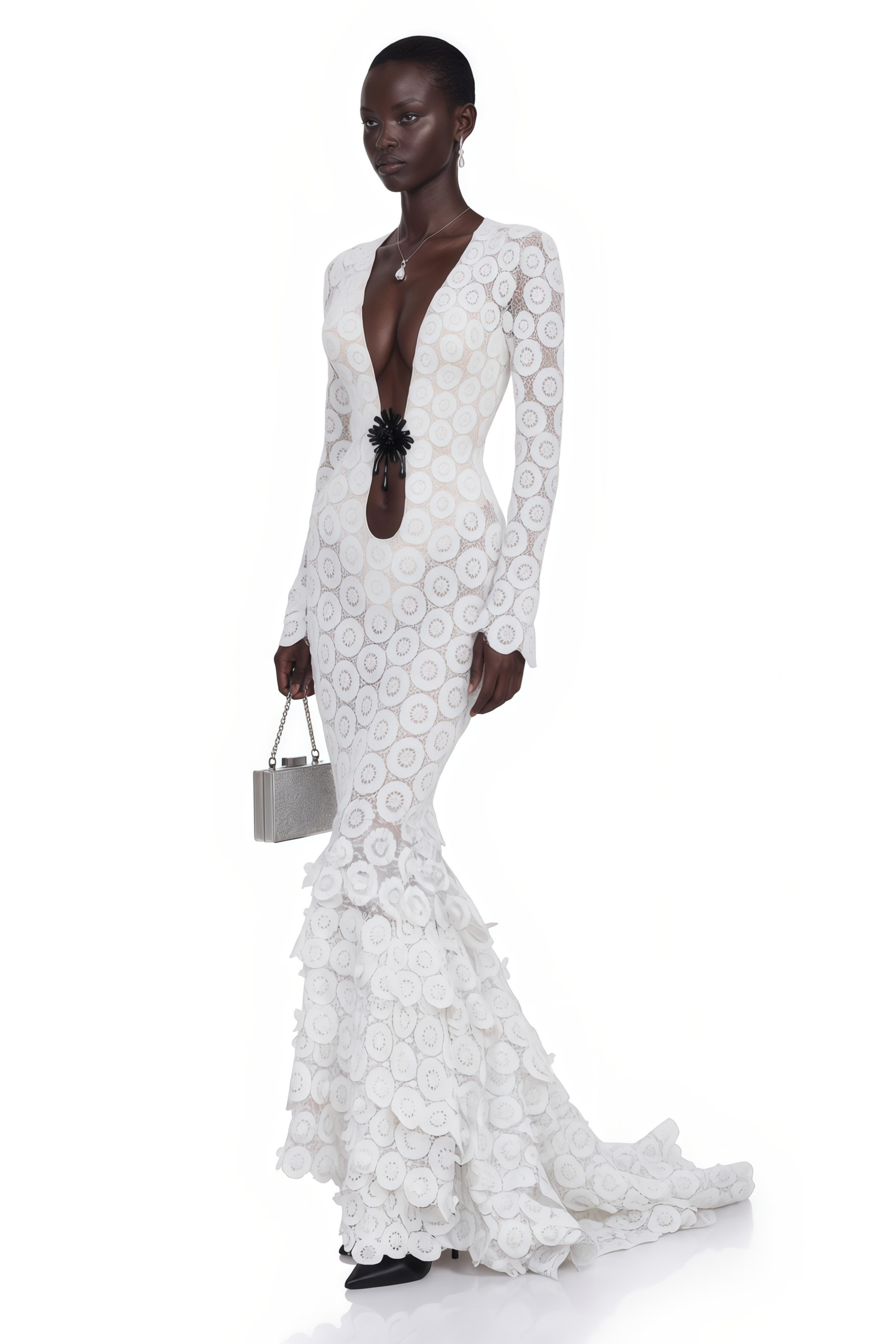 Cass White V-Neck Lace Bodycon Maxi Dress