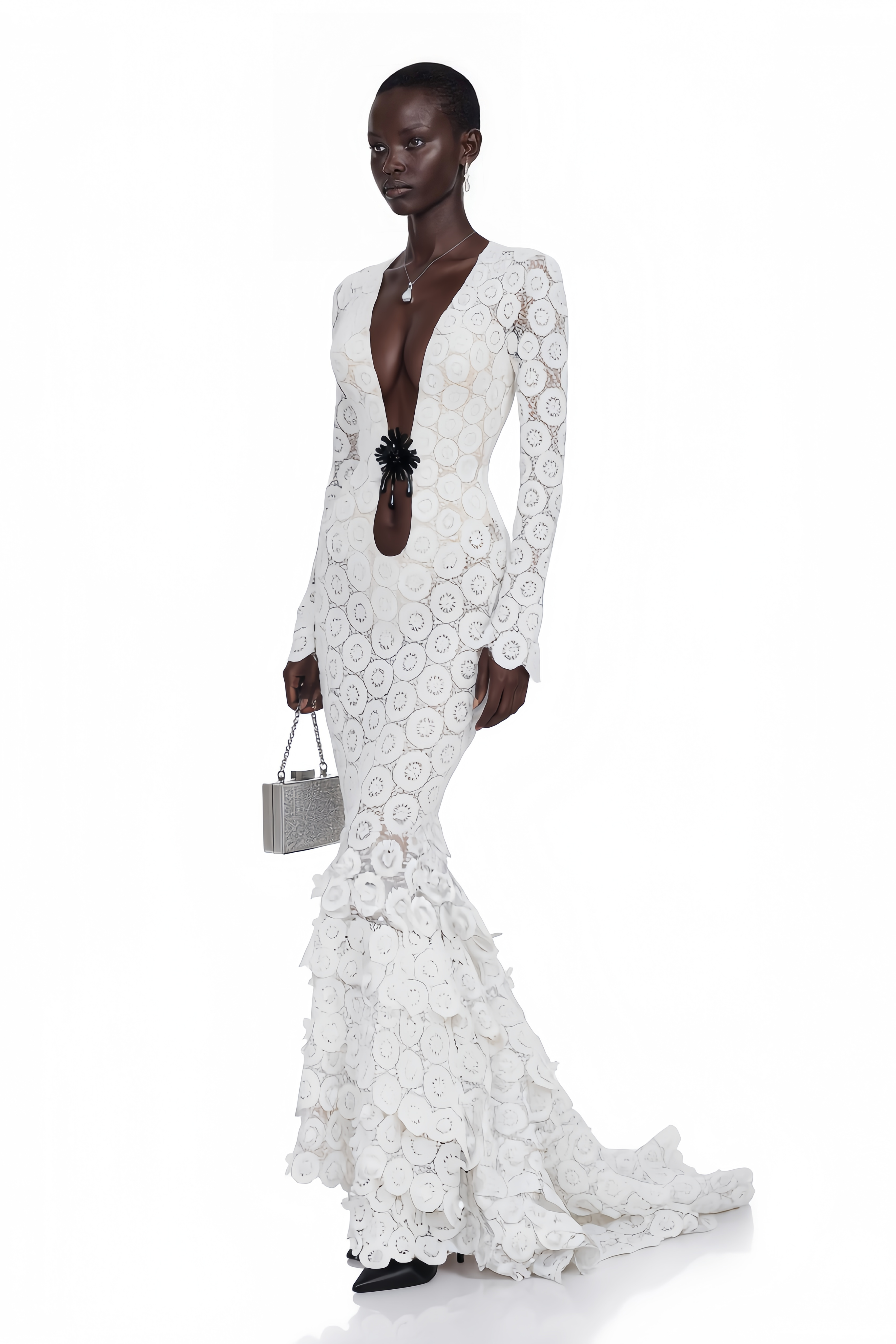 Robe longue moulante en dentelle à col en V Cass White